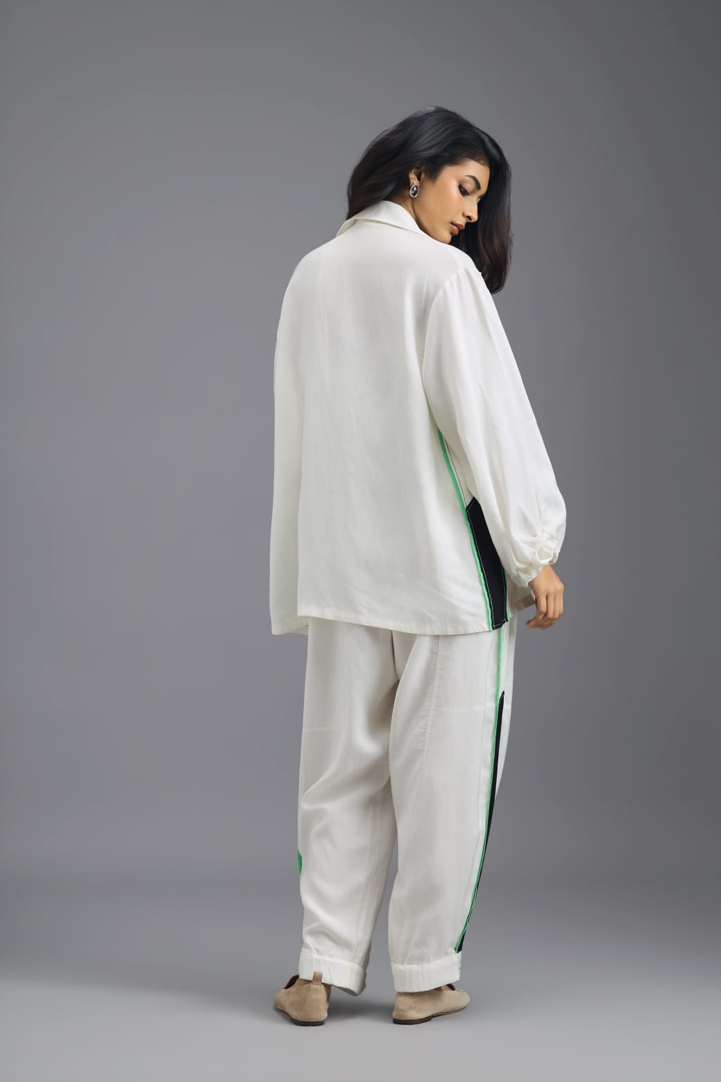 WHITE TAILORED PANTS WITH NEON CONTRAST SIDE STRIPE