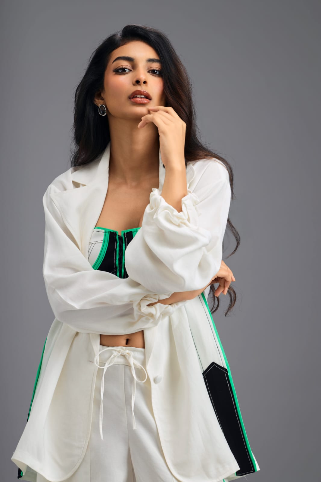 WHITE TAILORED PANTS WITH NEON CONTRAST SIDE STRIPE