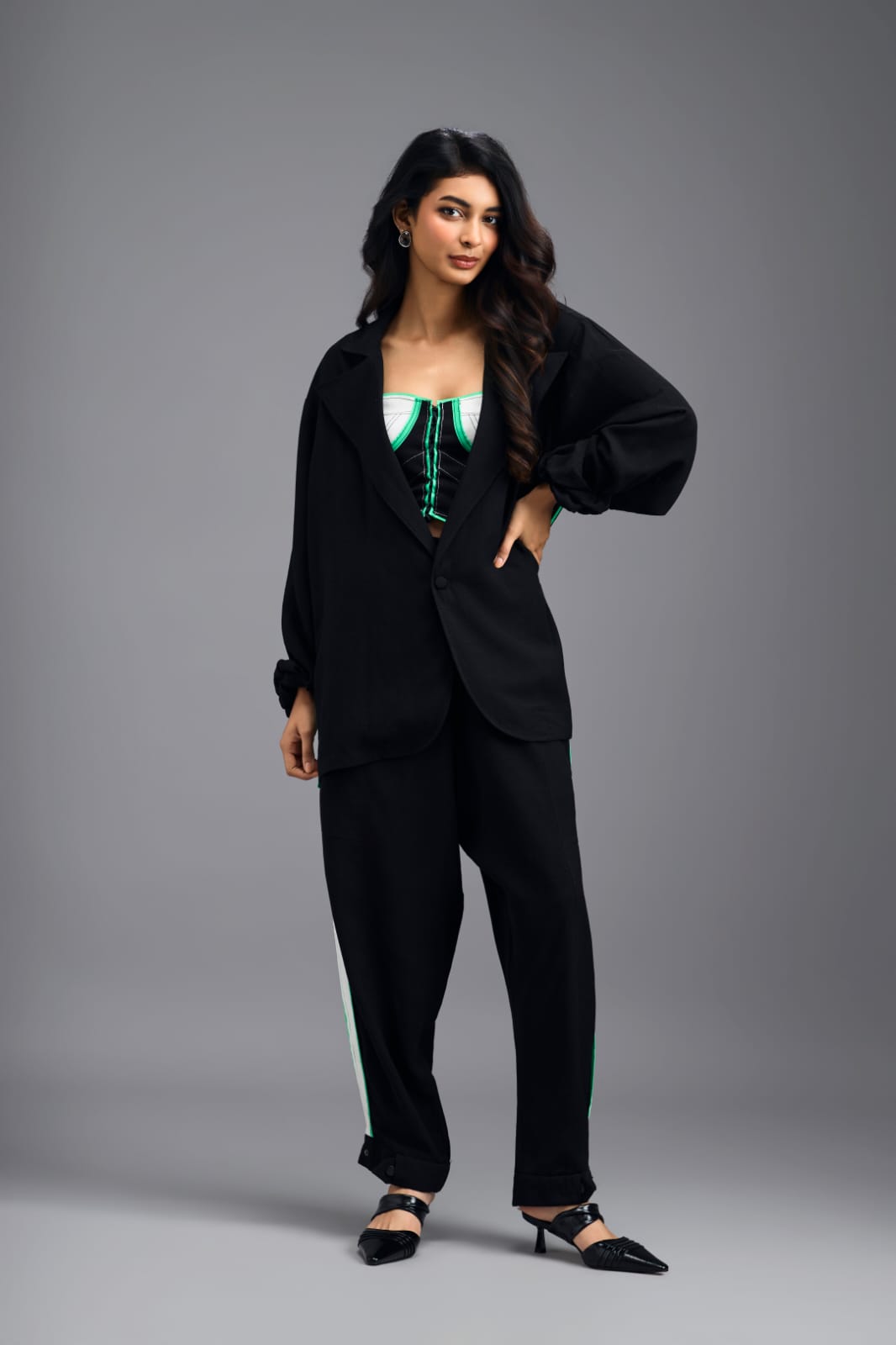 BLACK SHIRT WITH NEON GEOMETRIC BUSTIER