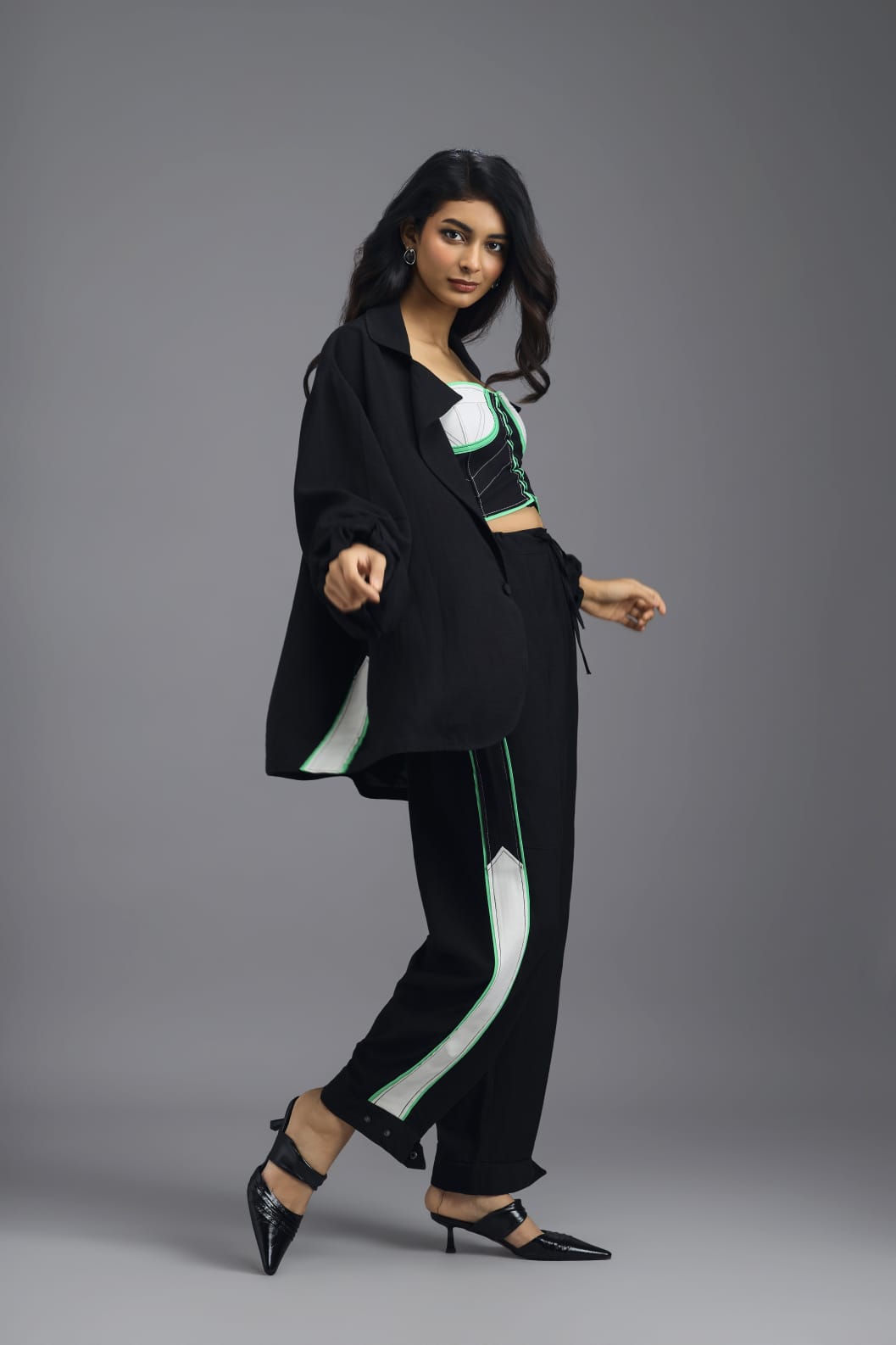 BLACK CO-ORD SET WITH NEON GEOMETRIC BUSTIER AND CONTRAST STRIPE DETAIL