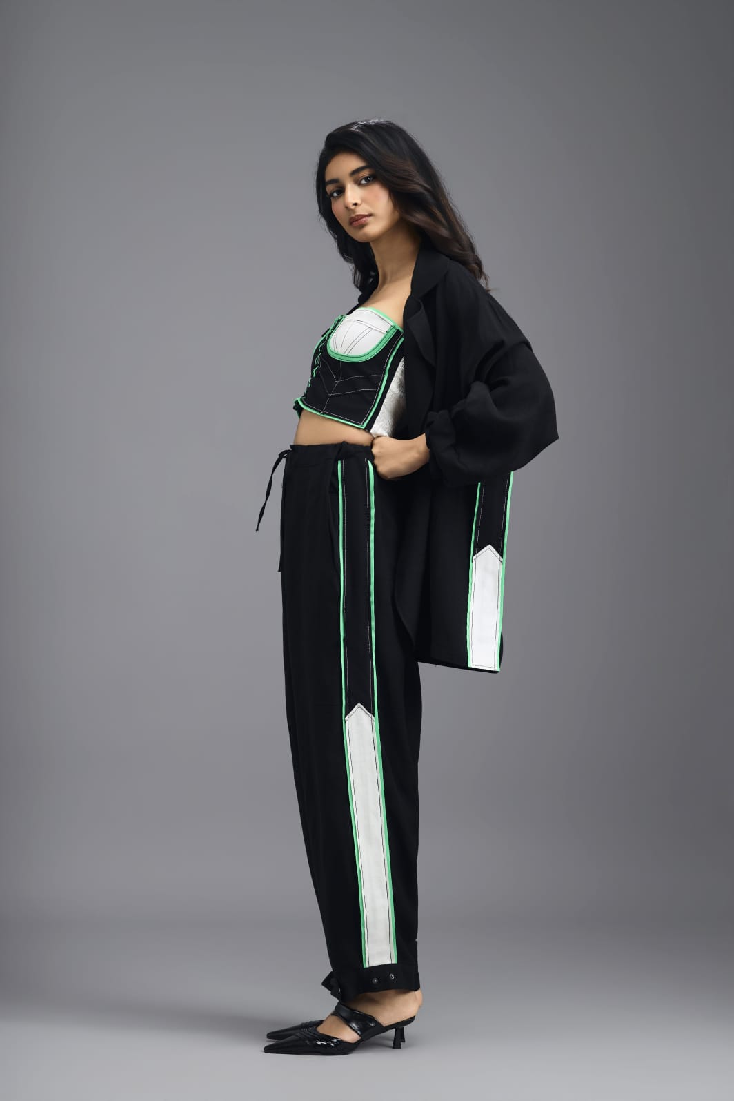 BLACK CO-ORD SET WITH NEON GEOMETRIC BUSTIER AND CONTRAST STRIPE DETAIL