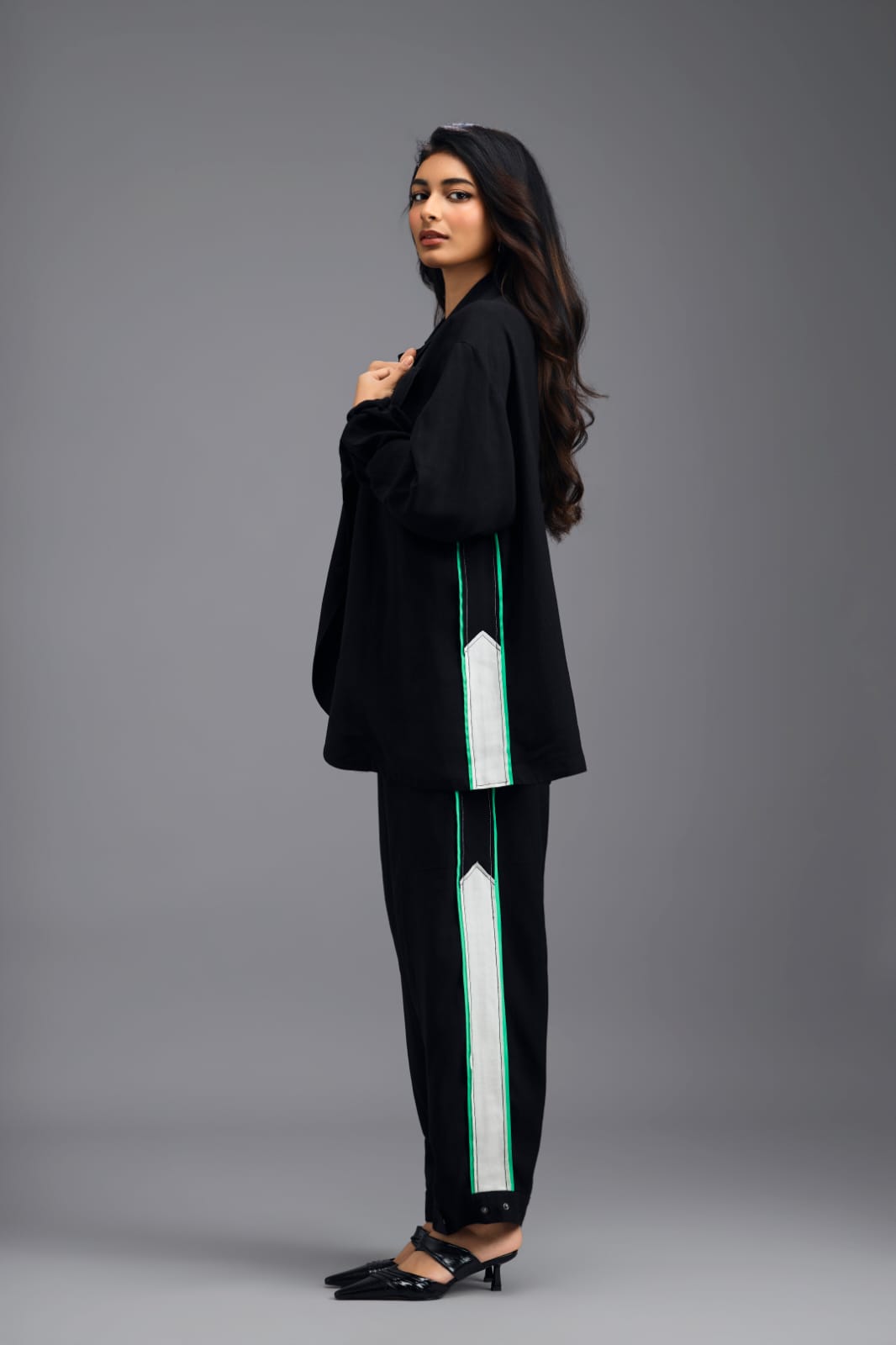 BLACK CO-ORD SET WITH NEON GEOMETRIC BUSTIER AND CONTRAST STRIPE DETAIL