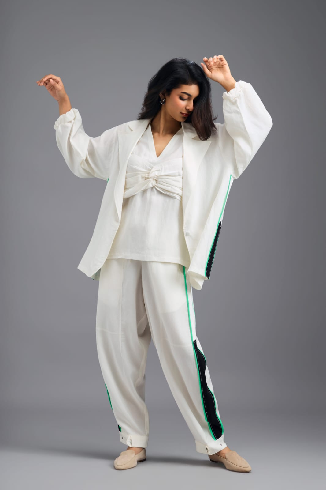 WHITE CO-ORD SET WITH NEON CONTRAST STRIPE JACKET, TWISTED TOP AND TROUSERS