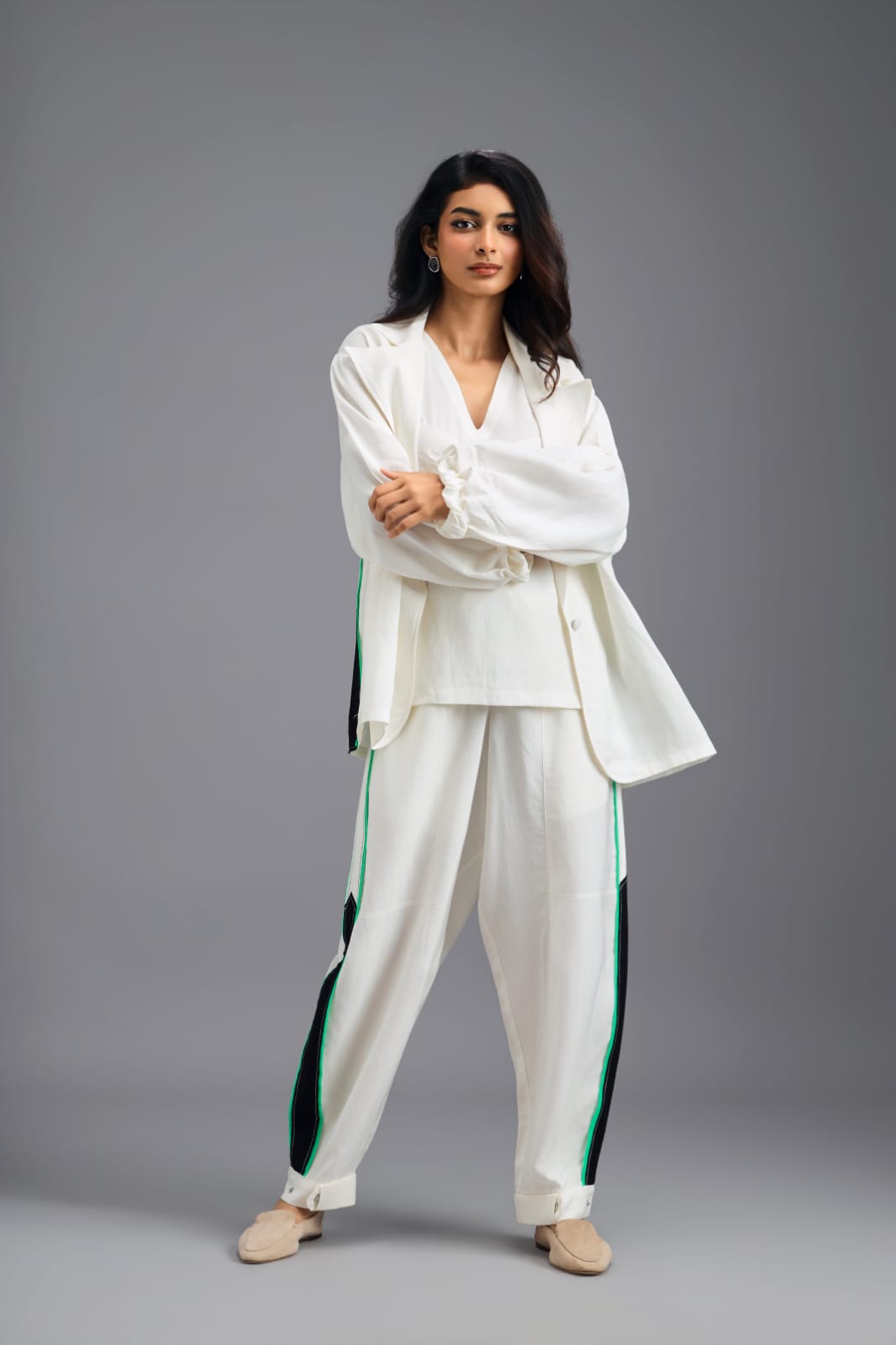 WHITE CO-ORD SET WITH NEON CONTRAST STRIPE JACKET, TWISTED TOP AND TROUSERS