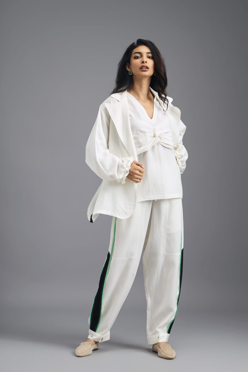 WHITE CO-ORD SET WITH NEON CONTRAST STRIPE JACKET, TWISTED TOP AND TROUSERS