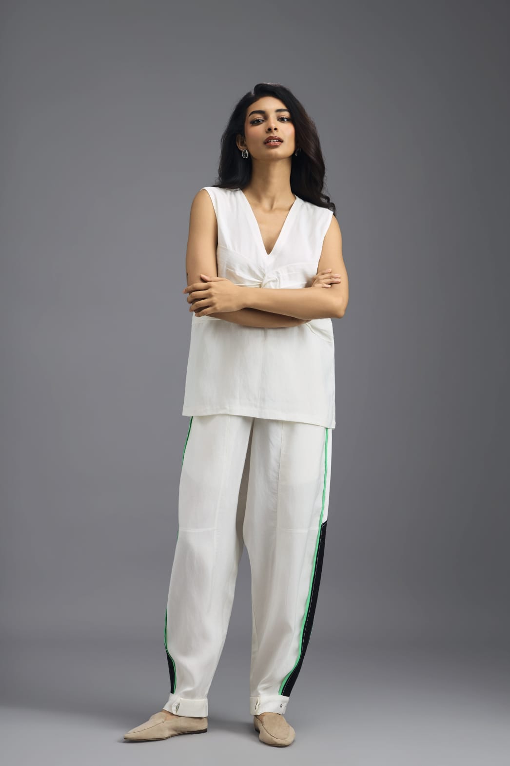 WHITE CO-ORD SET WITH NEON CONTRAST STRIPE JACKET, TWISTED TOP AND TROUSERS