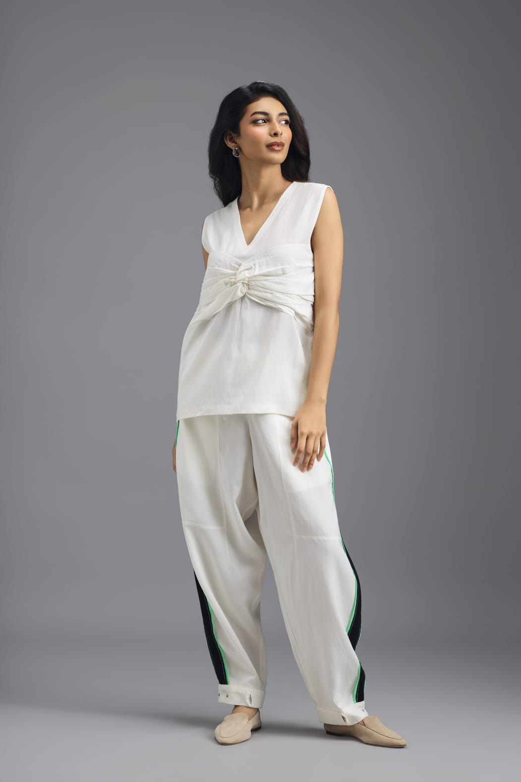 WHITE CO-ORD SET WITH NEON CONTRAST STRIPE JACKET, TWISTED TOP AND TROUSERS