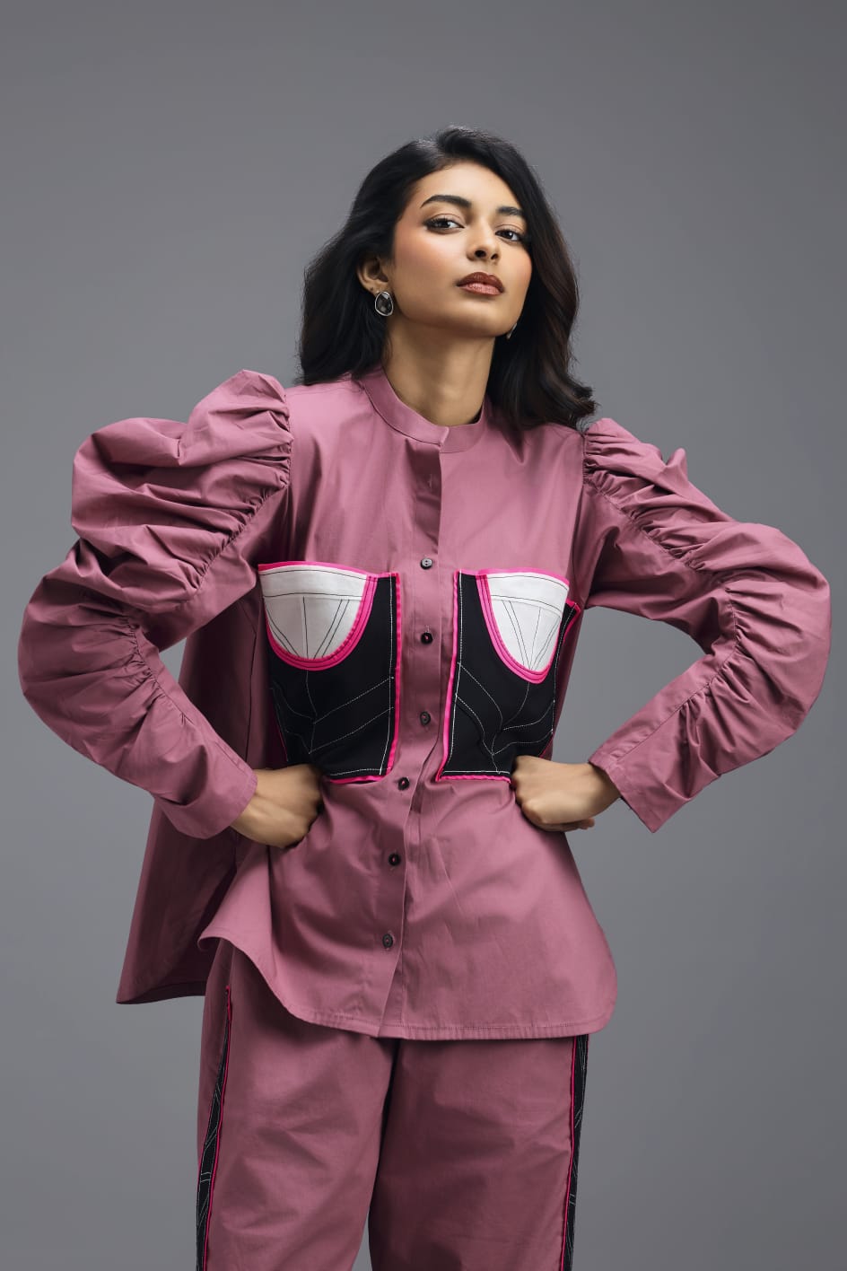 PINK CO-ORD SET WITH NEON GEOMETRIC PANEL DETAIL, BRALETTE AND ELASTICATED PANTS