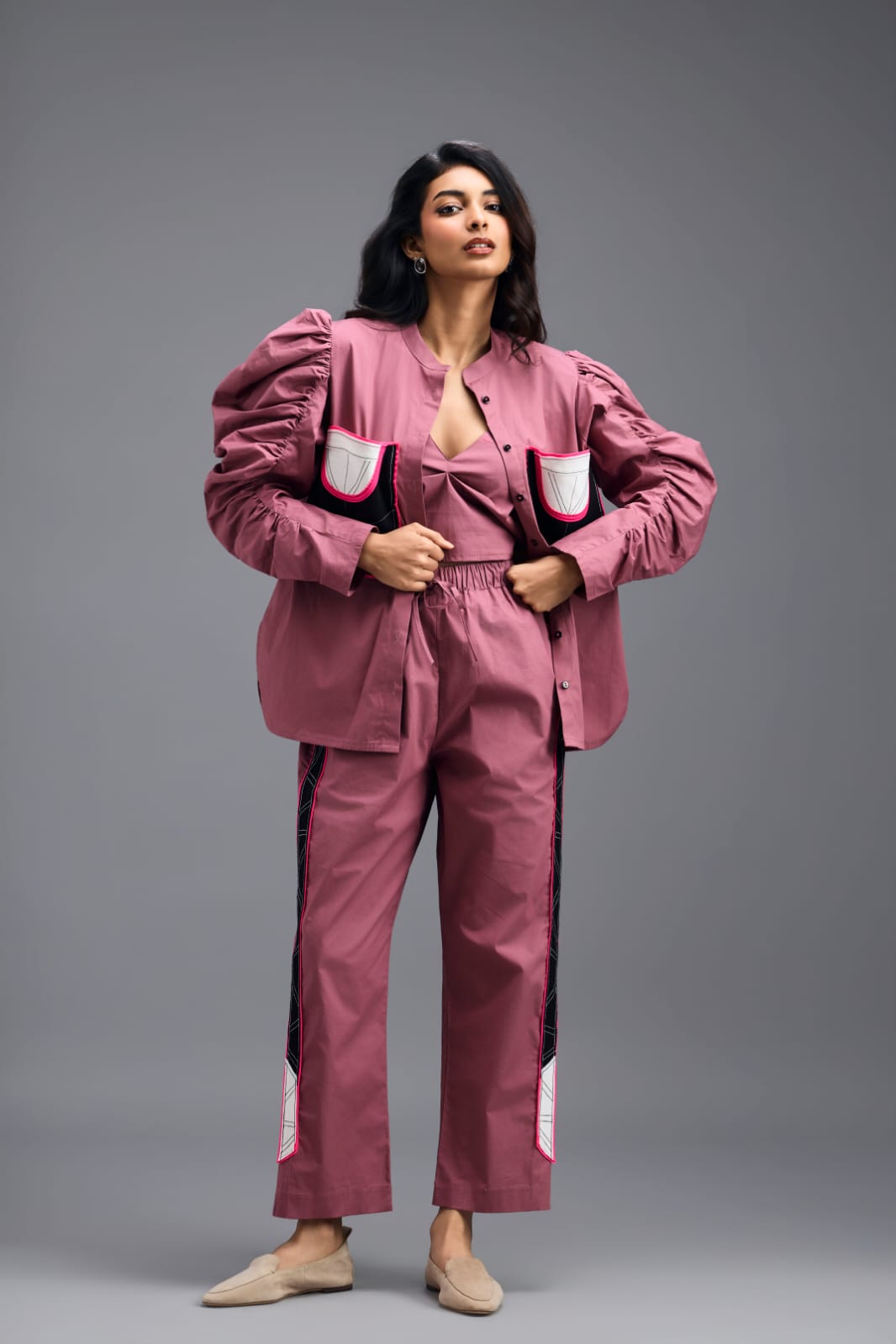 PINK SHIRT WITH CROPPED BRALETTE AND NEON GEOMETRIC PANEL DETAIL