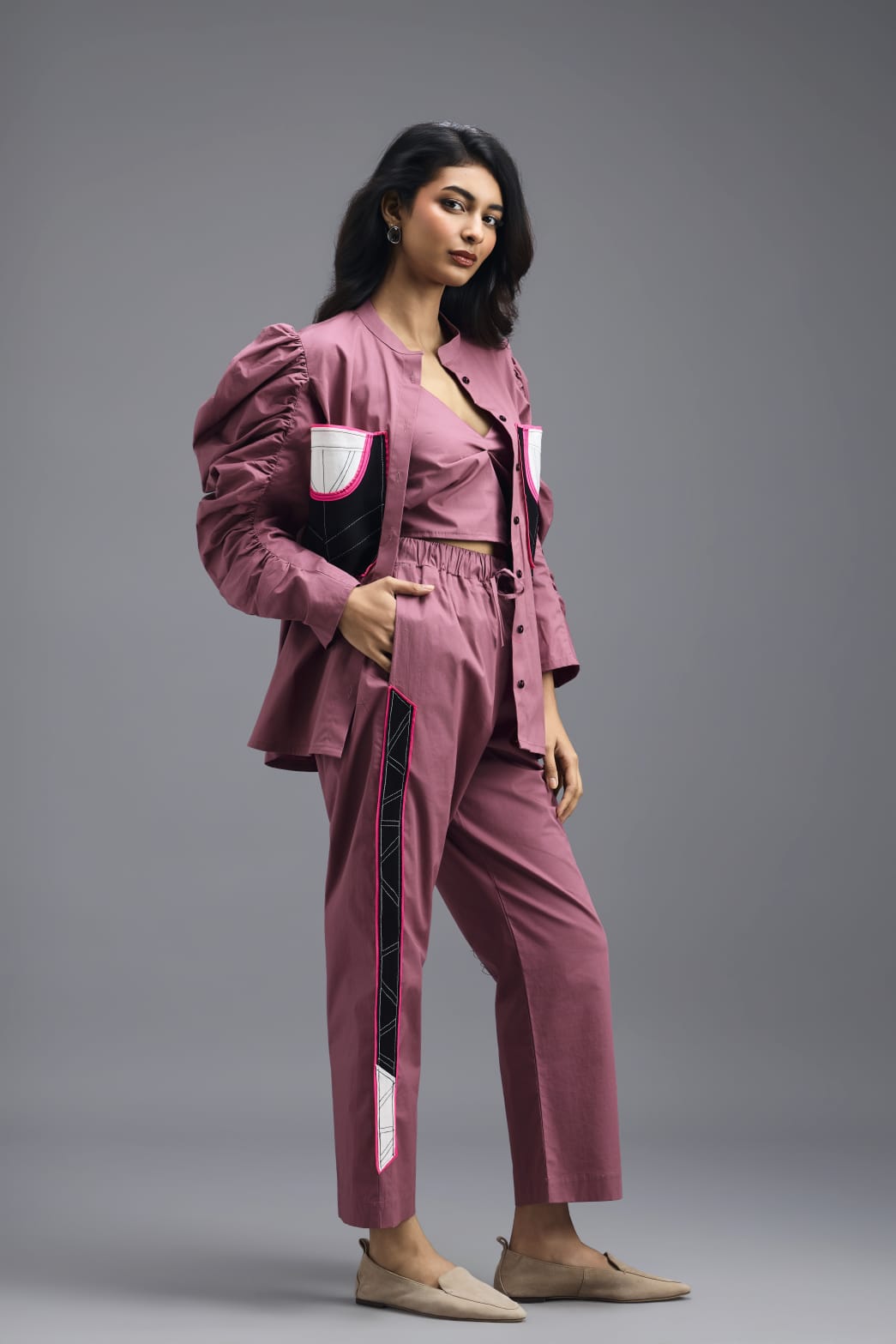 PINK CO-ORD SET WITH NEON GEOMETRIC PANEL DETAIL, BRALETTE AND ELASTICATED PANTS
