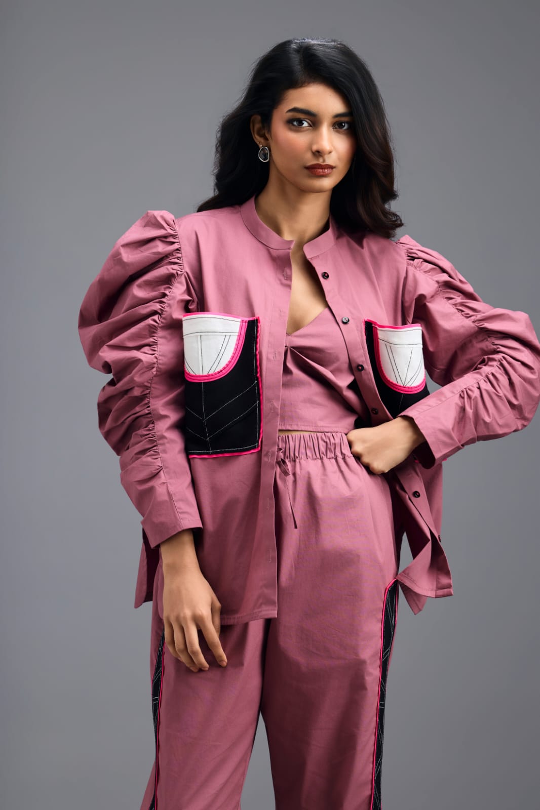 PINK SHIRT WITH CROPPED BRALETTE AND NEON GEOMETRIC PANEL DETAIL