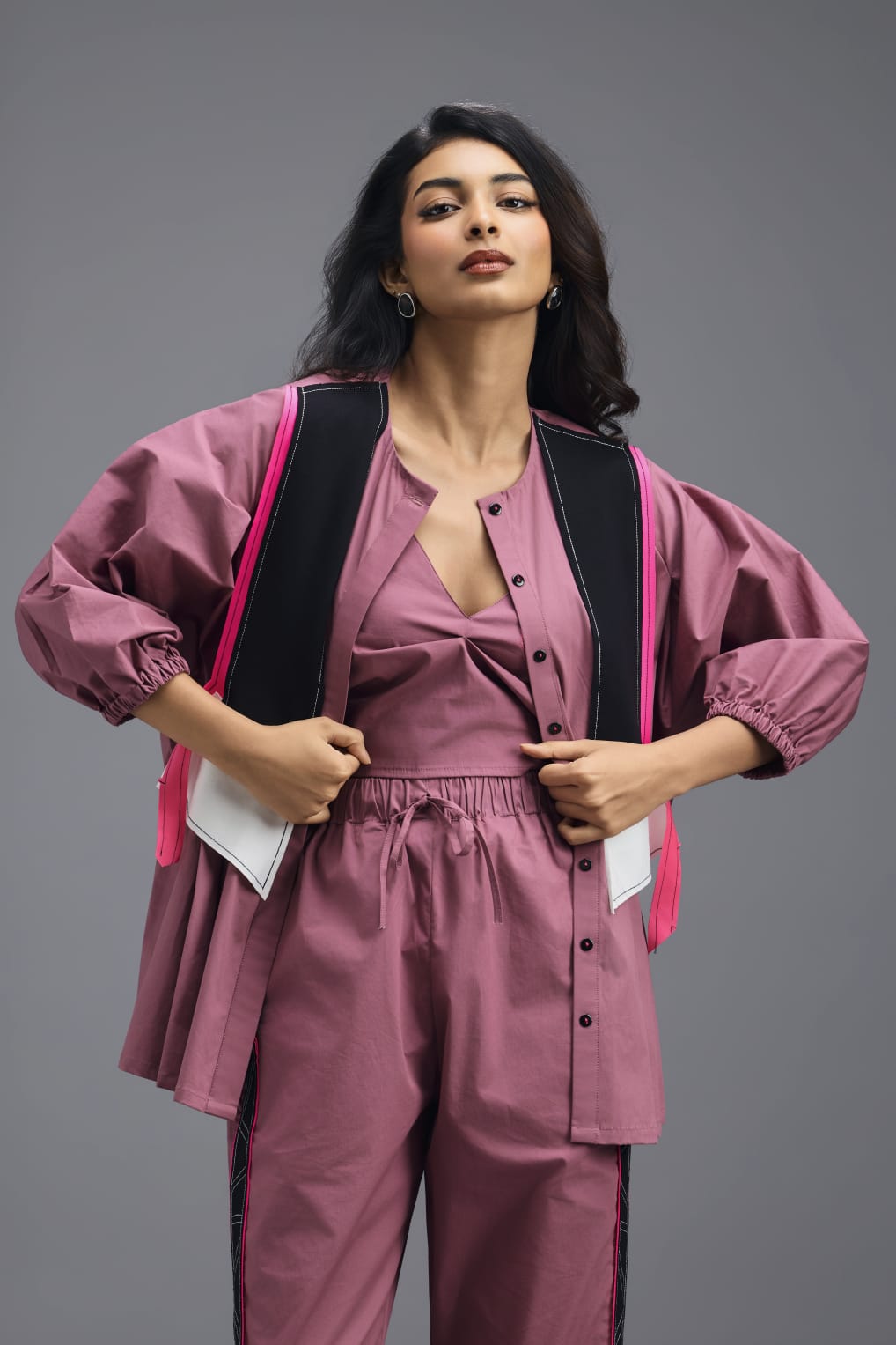 PINK SHIRT WITH CROPPED BRALETTE AND NEON GEOMETRIC PANEL DETAIL