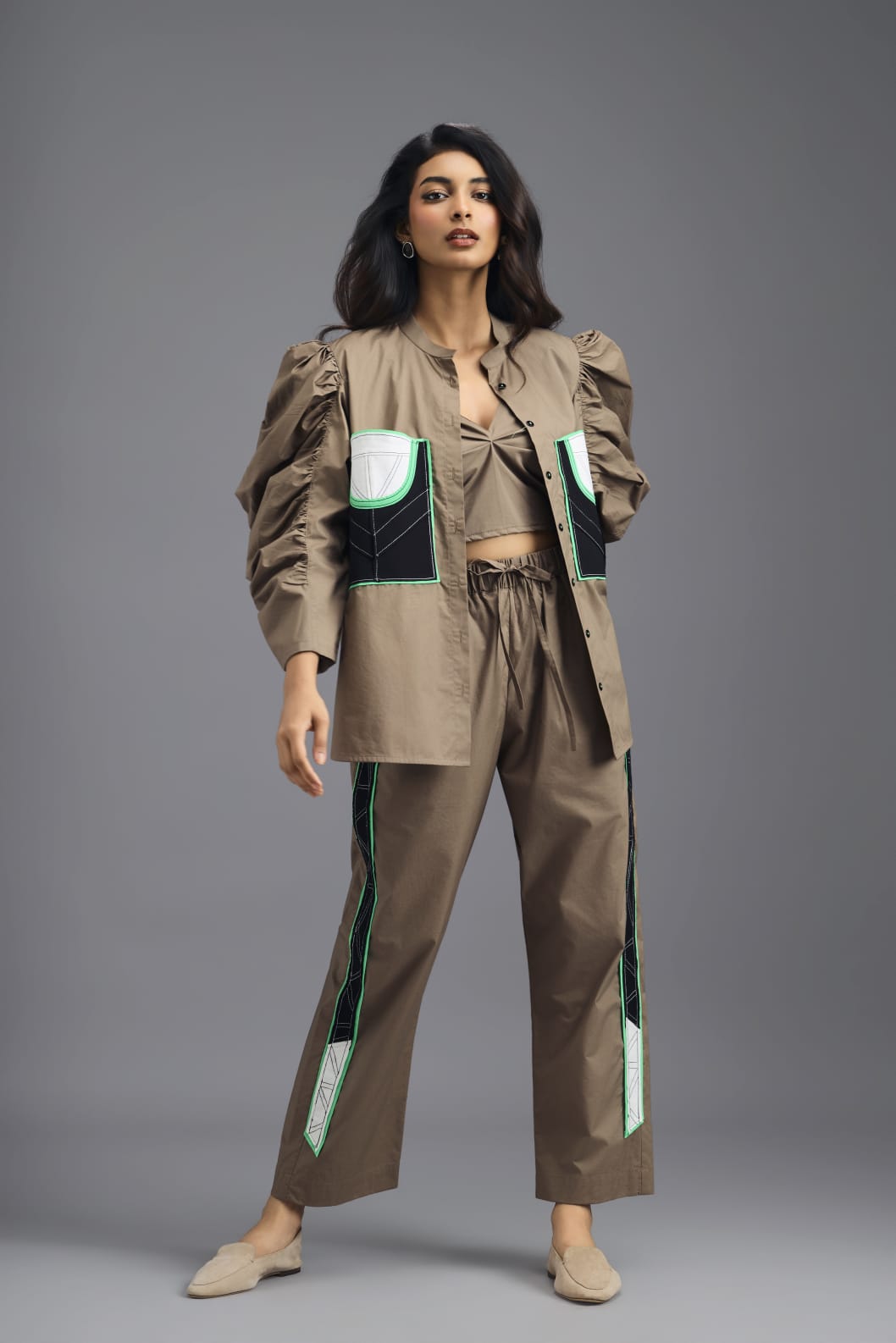 MUD SHIRT WITH CROPPED BRALETTE AND NEON GEOMETRIC PANEL DETAIL