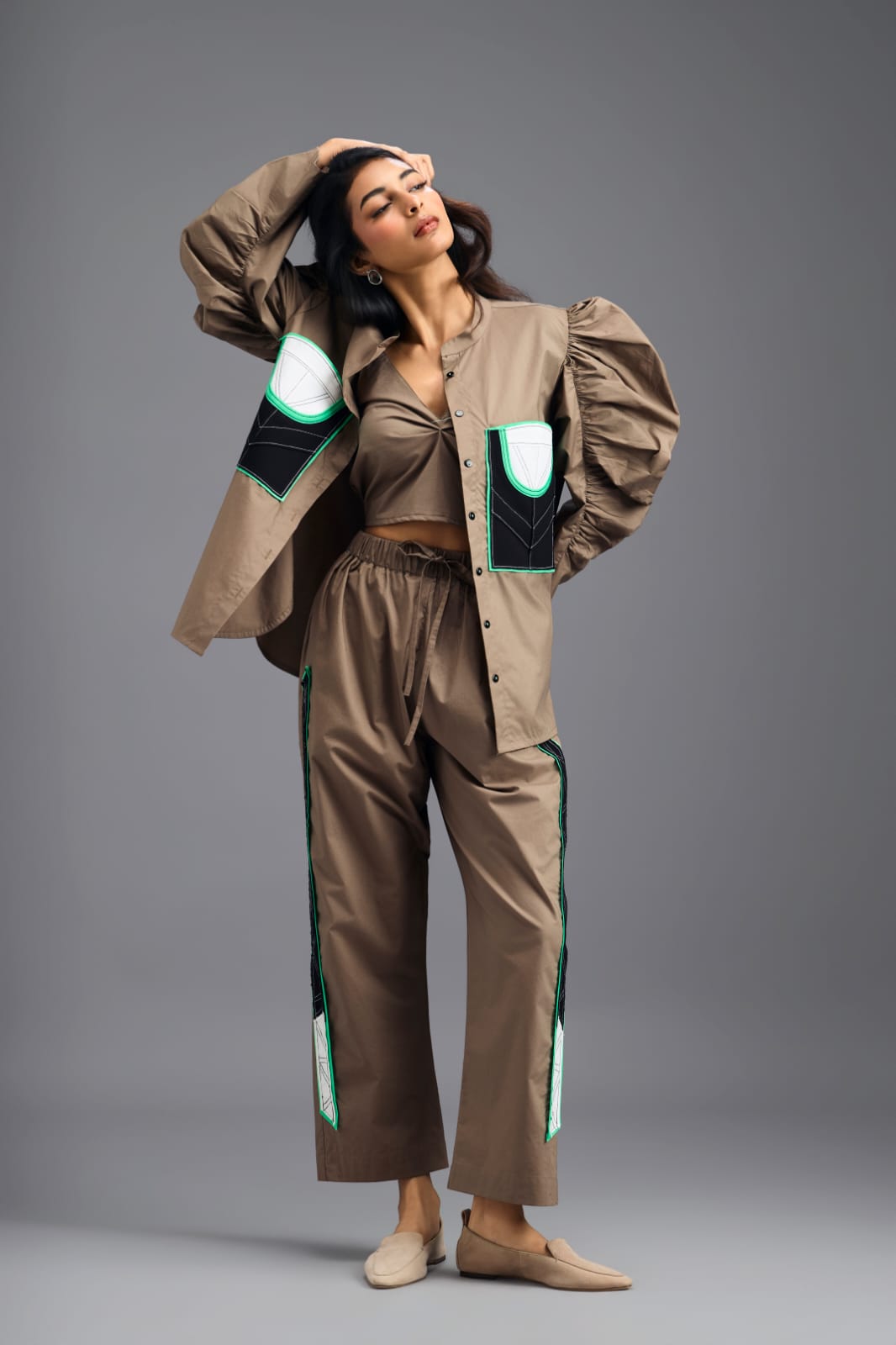 MUD SHIRT WITH CROPPED BRALETTE AND NEON GEOMETRIC PANEL DETAIL