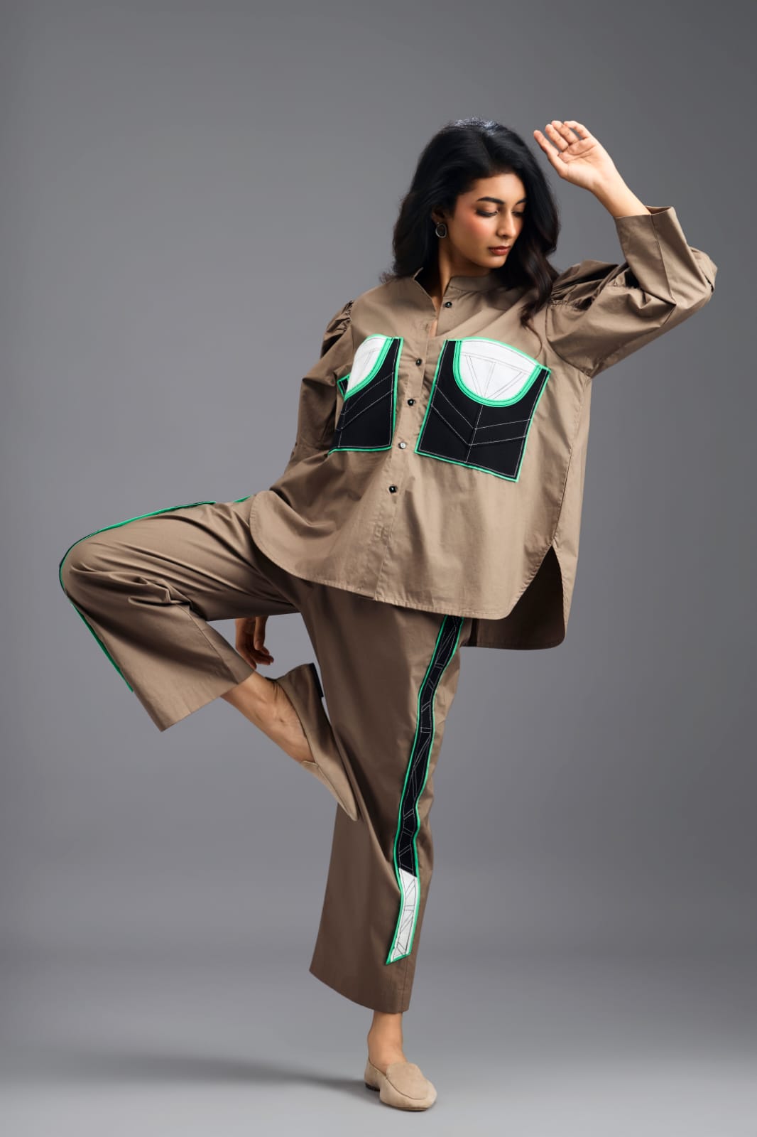 MUD TAILORED PANTS WITH NEON GEOMETRIC POCKET PANEL DETAIL