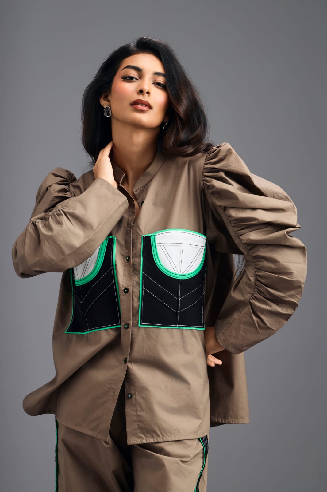 MUD TAILORED PANTS WITH NEON GEOMETRIC POCKET PANEL DETAIL