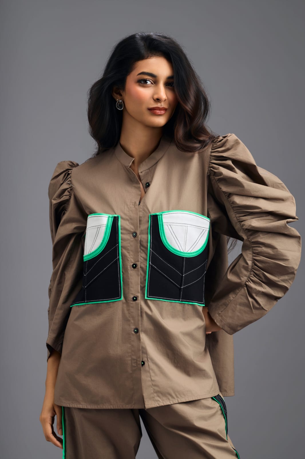 MUD TAILORED PANTS WITH NEON GEOMETRIC POCKET PANEL DETAIL
