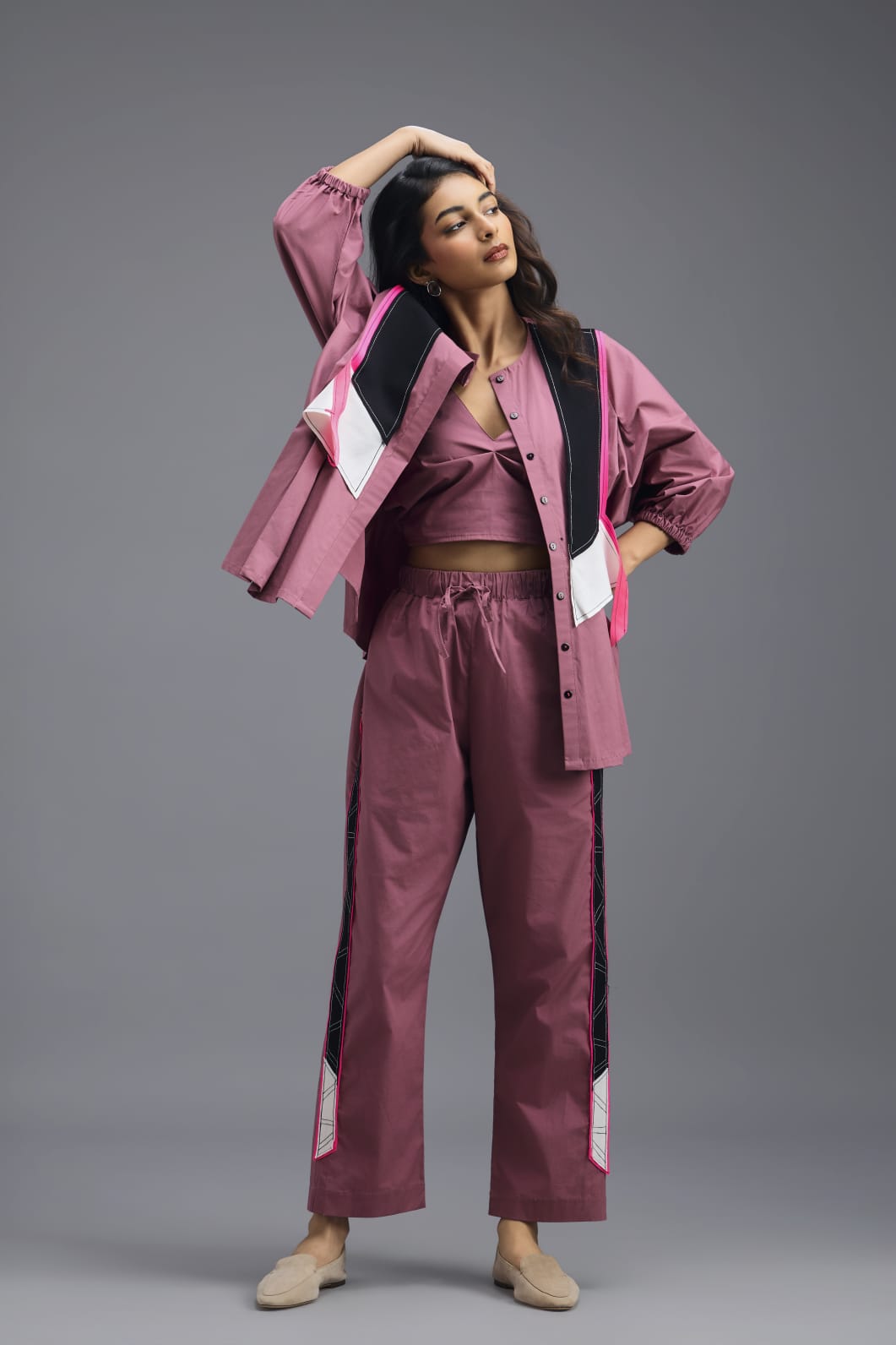 PINK CO-ORD SET WITH NEON GEOMETRIC PANEL DETAIL, BRALETTE AND STRAIGHT PANTS