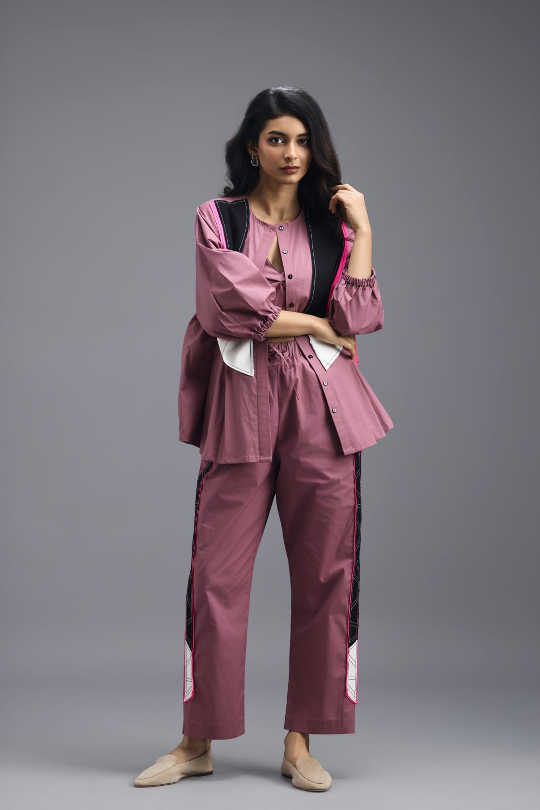 PINK CO-ORD SET WITH NEON GEOMETRIC PANEL DETAIL, BRALETTE AND STRAIGHT PANTS