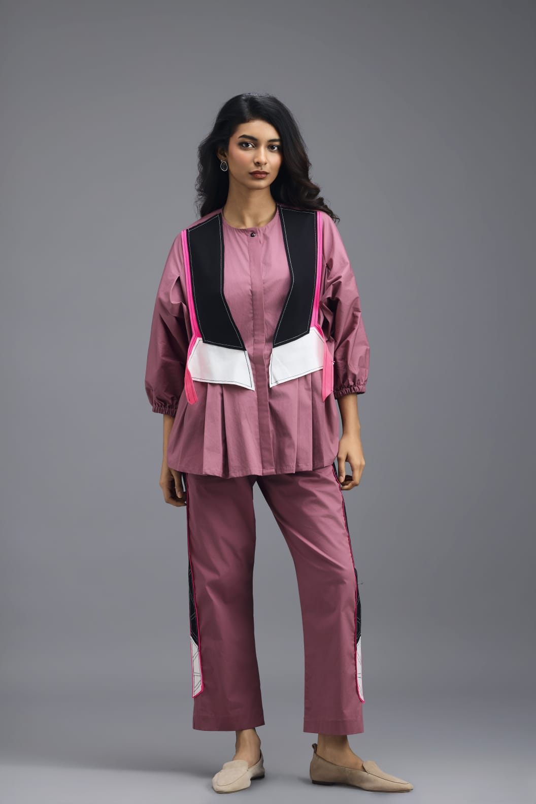 PINK CO-ORD SET WITH NEON GEOMETRIC PANEL DETAIL, BRALETTE AND STRAIGHT PANTS