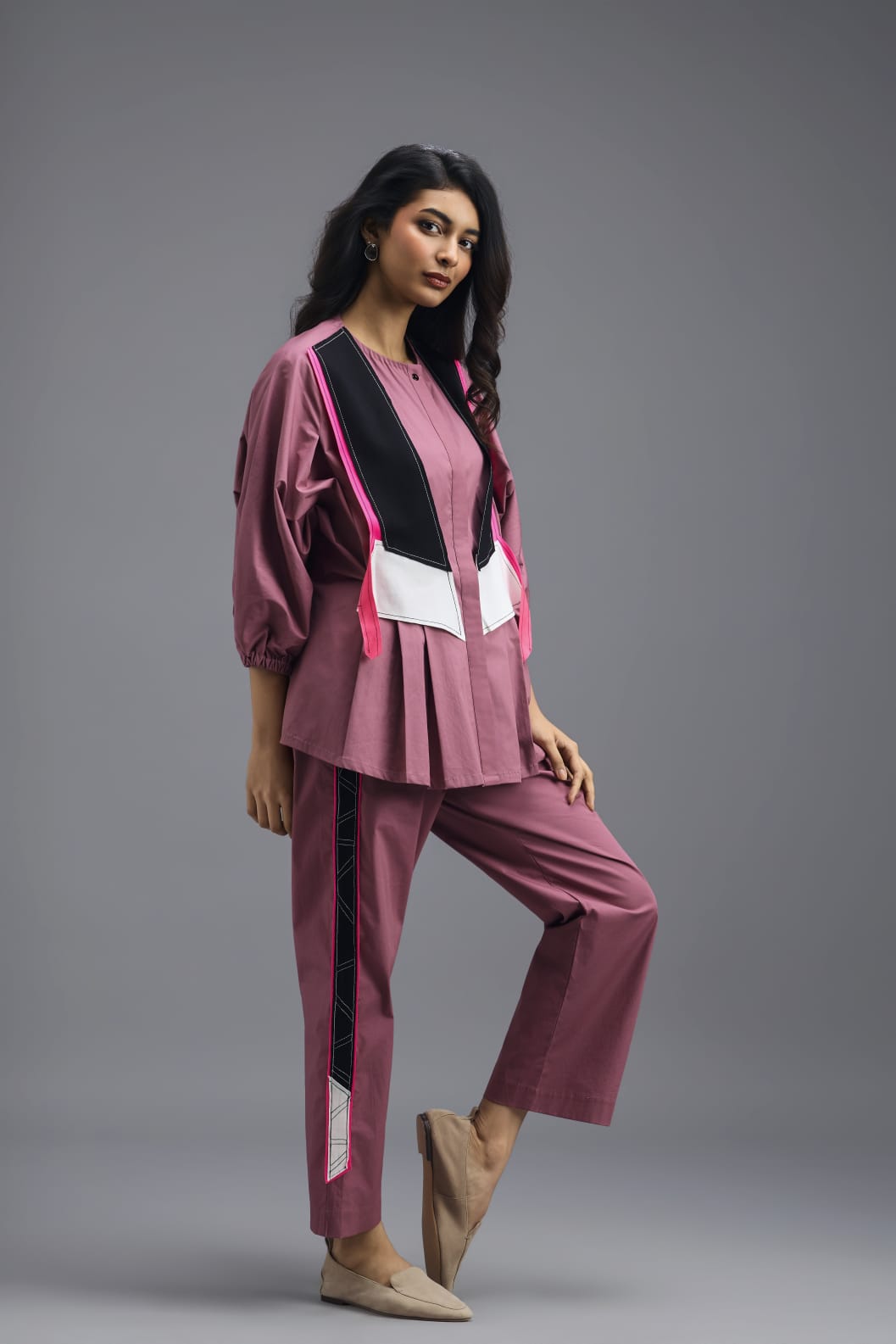 PINK CO-ORD SET WITH NEON GEOMETRIC PANEL DETAIL, BRALETTE AND STRAIGHT PANTS