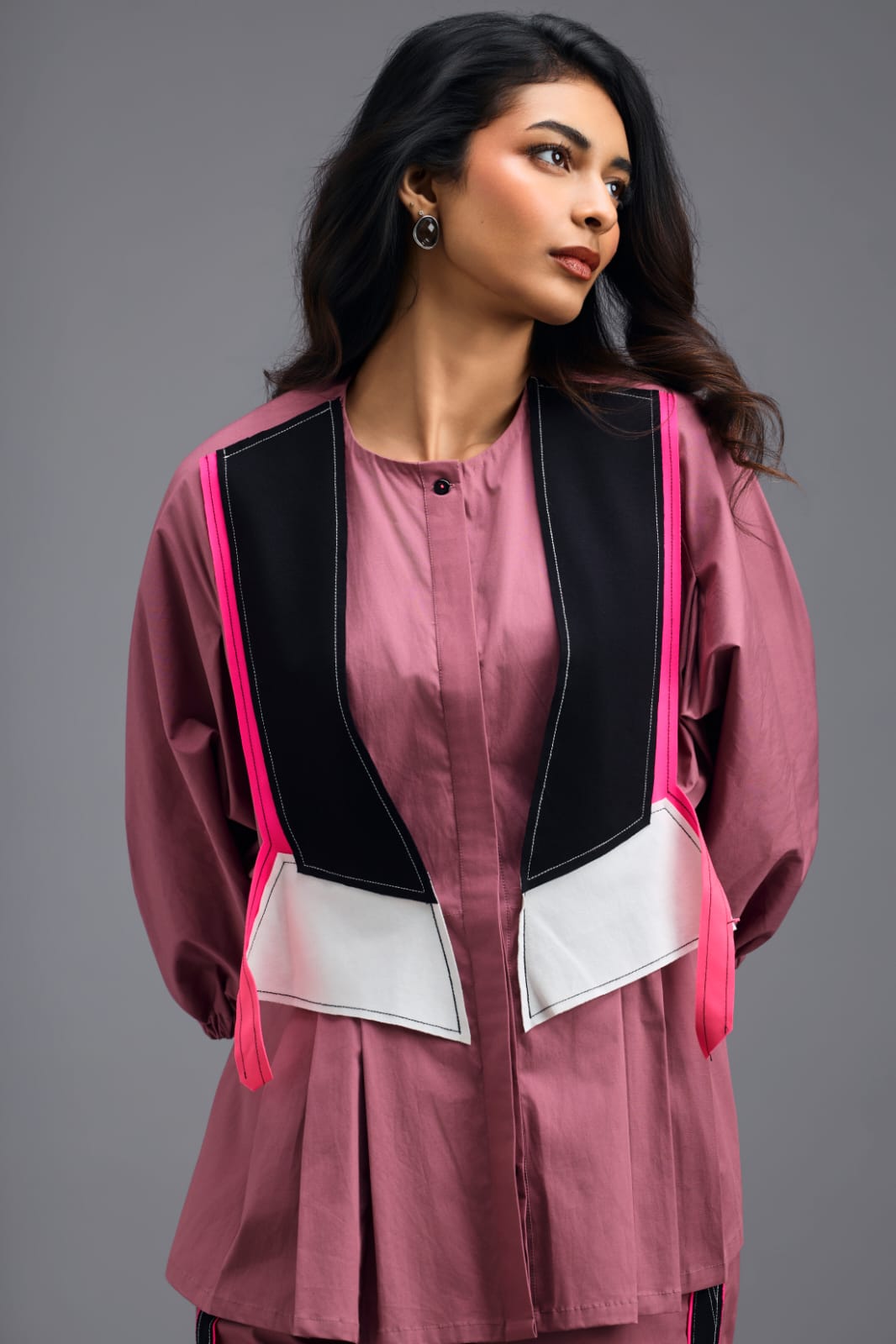 PINK CO-ORD SET WITH NEON GEOMETRIC PANEL DETAIL, BRALETTE AND STRAIGHT PANTS