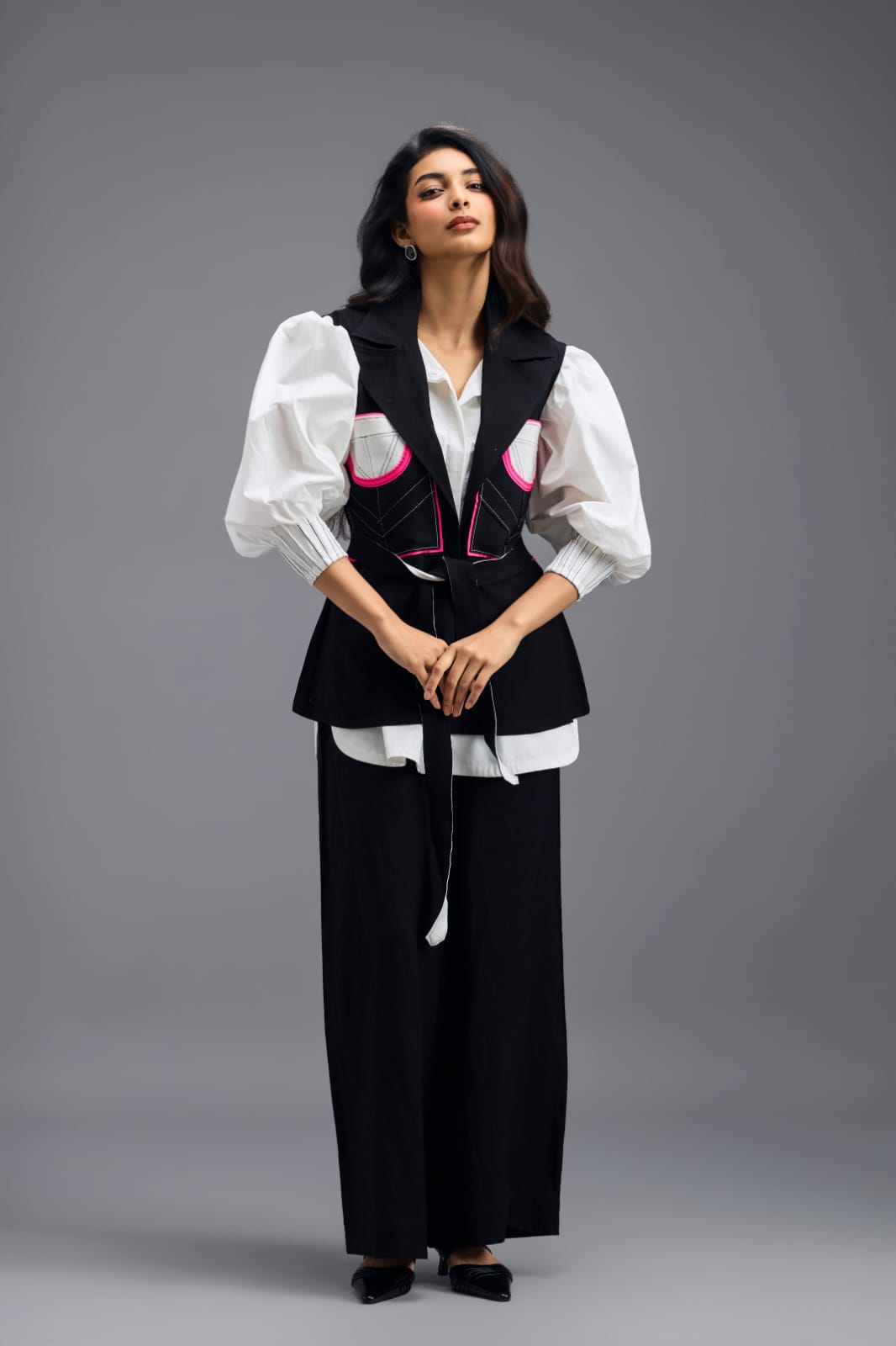 BLACK CONTRAST PANEL SLEEVELESS VEST TOP WITH NEON PINK ACCENTS