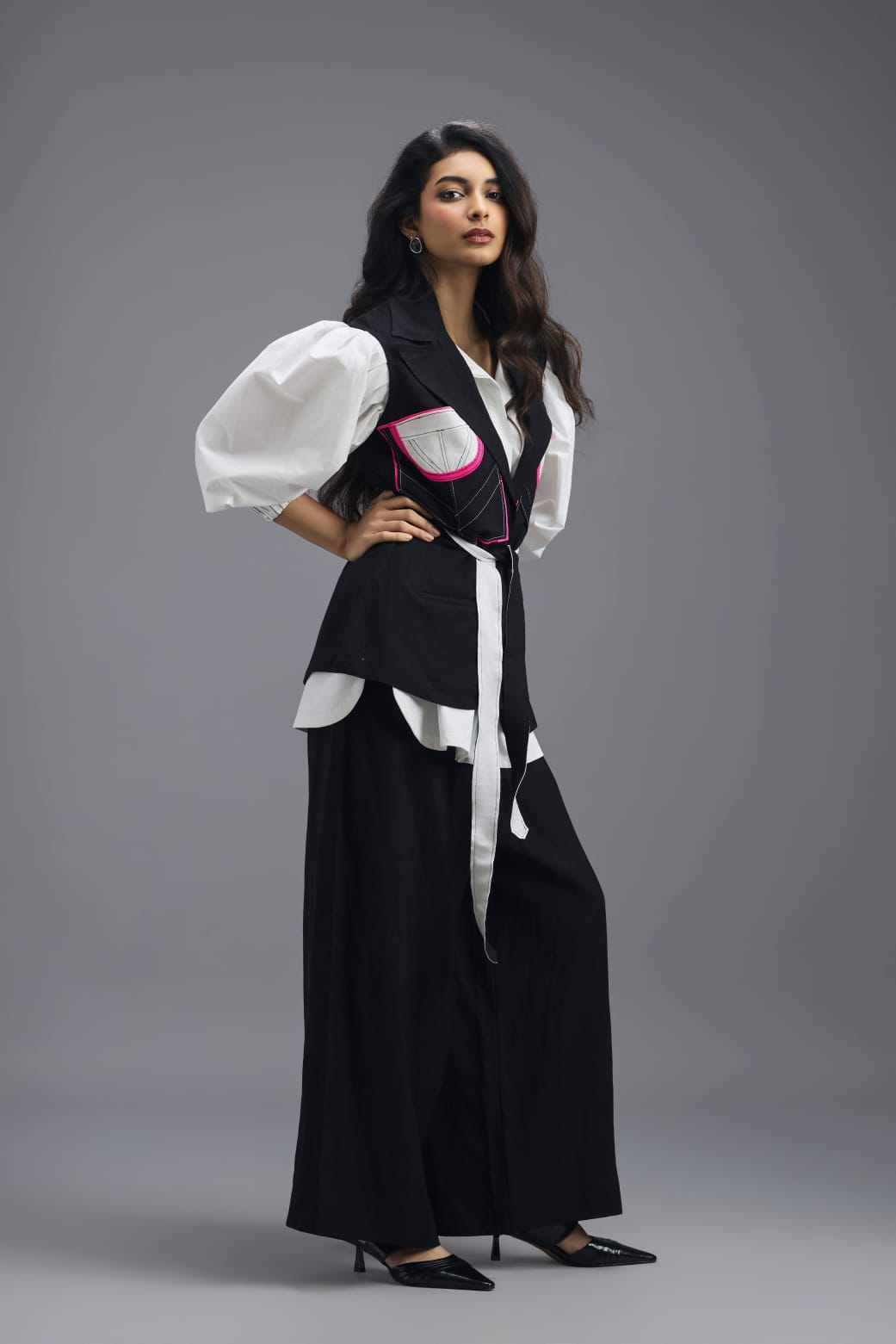 BLACK CONTRAST PANEL SLEEVELESS VEST TOP WITH NEON PINK ACCENTS