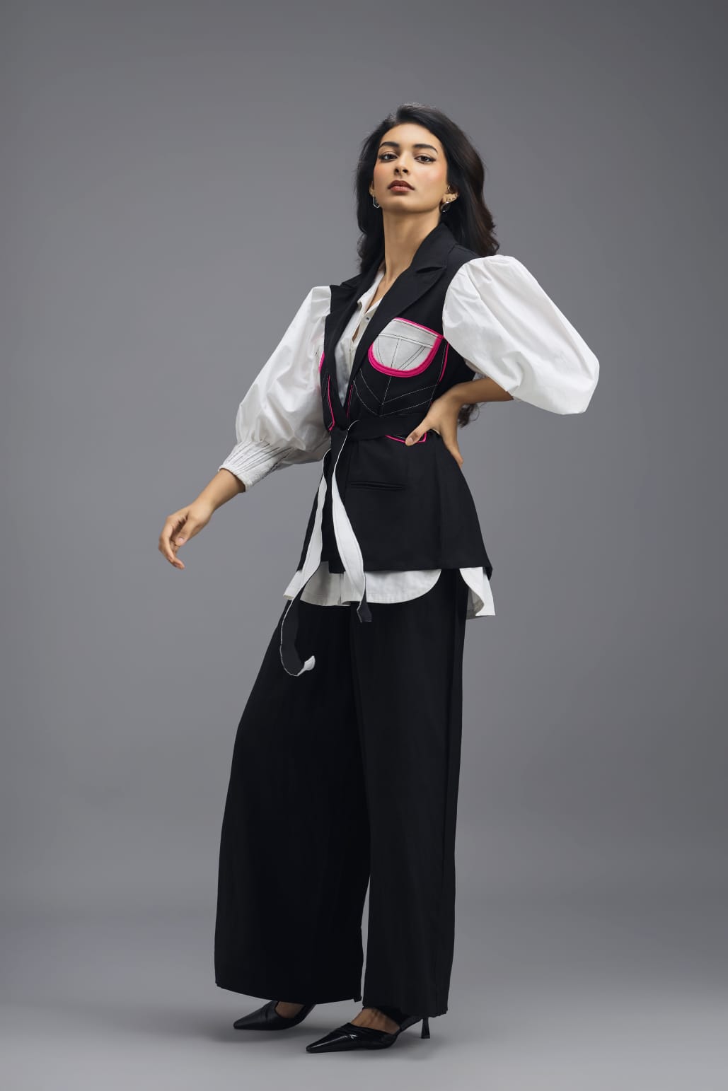 BLACK CONTRAST PANEL SLEEVELESS VEST TOP WITH NEON PINK ACCENTS