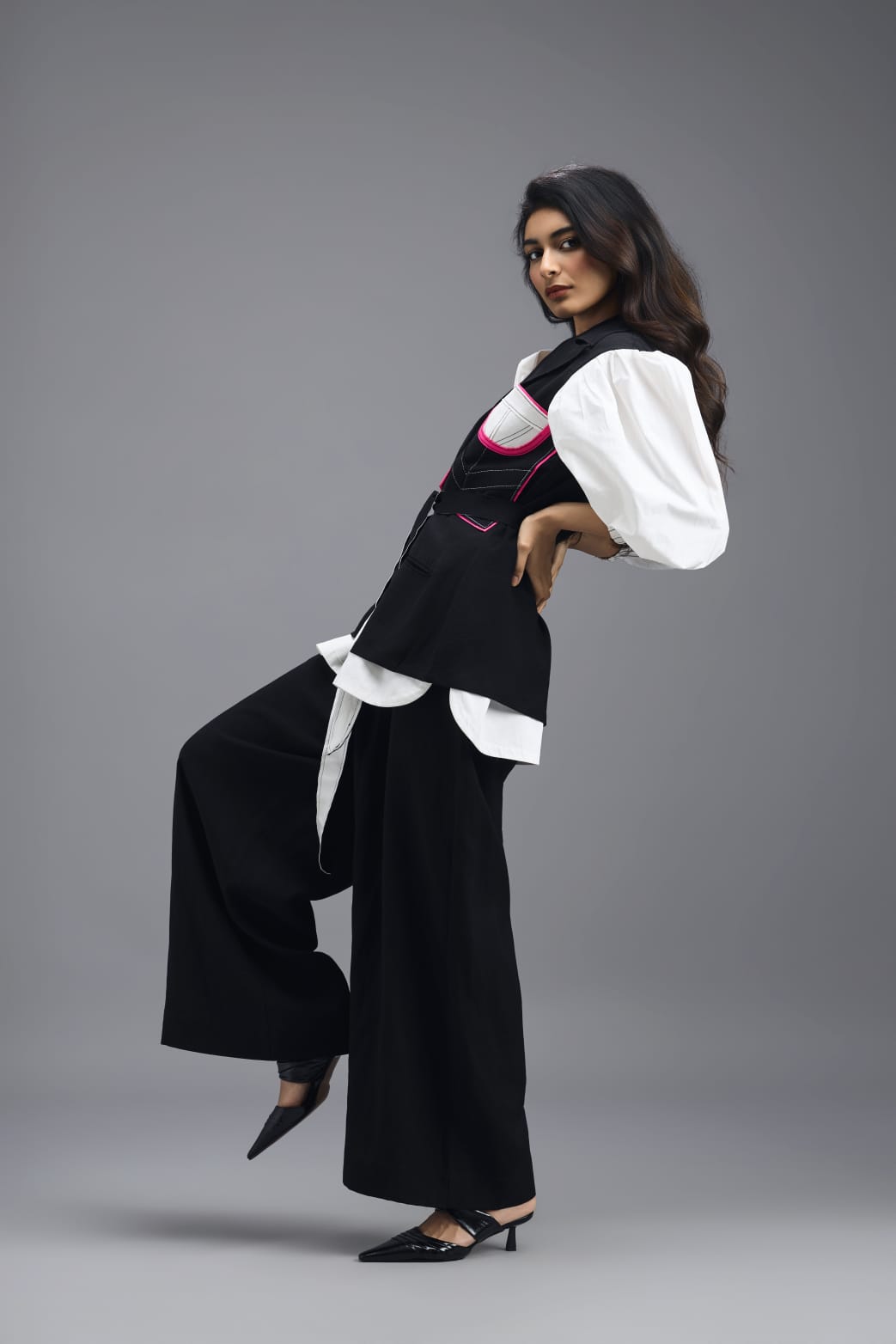 BLACK CONTRAST PANEL SLEEVELESS VEST TOP WITH NEON PINK ACCENTS