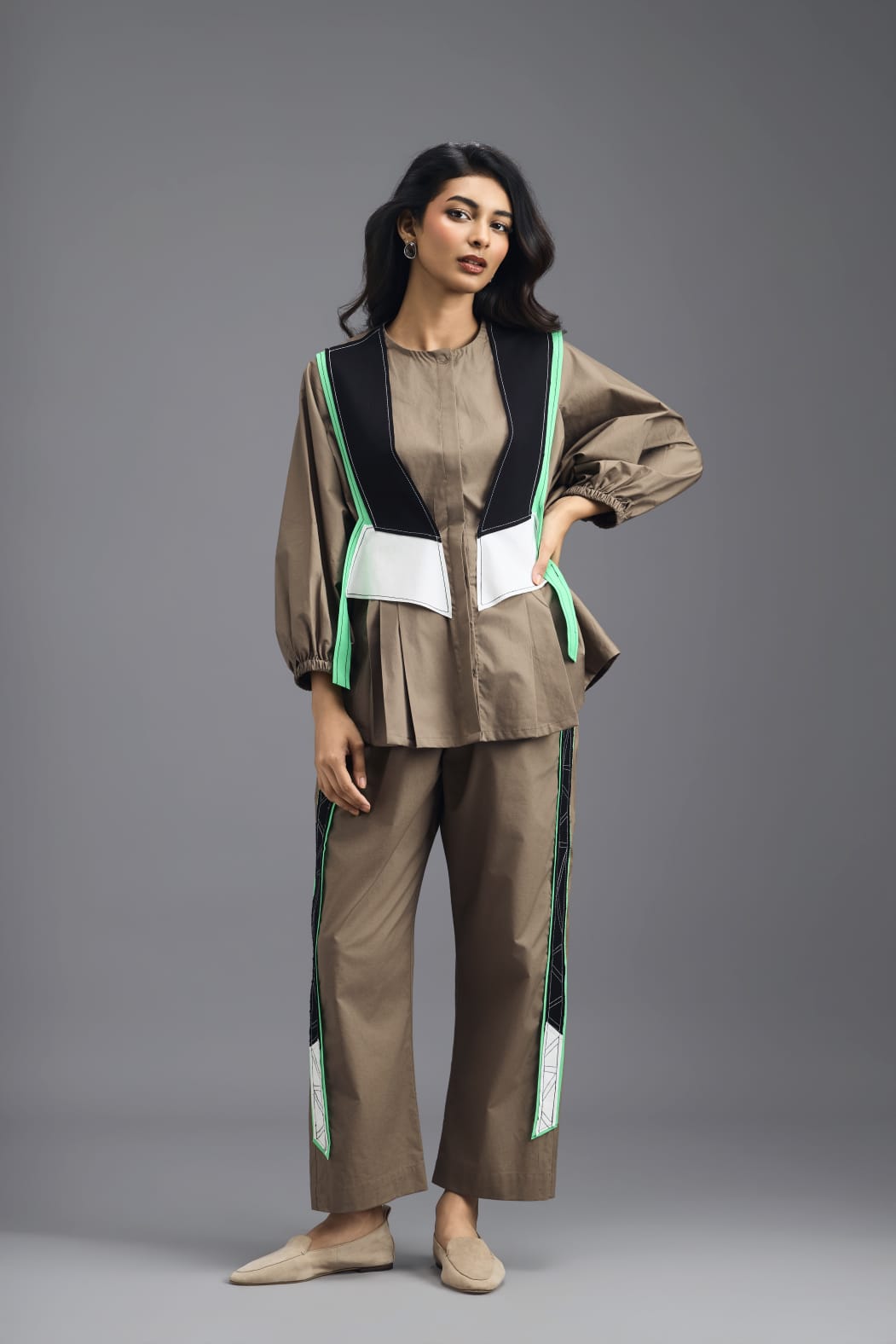 MUD SHIRT AND BRALETTE  WITH NEON GEOMETRIC PANEL DETAIL