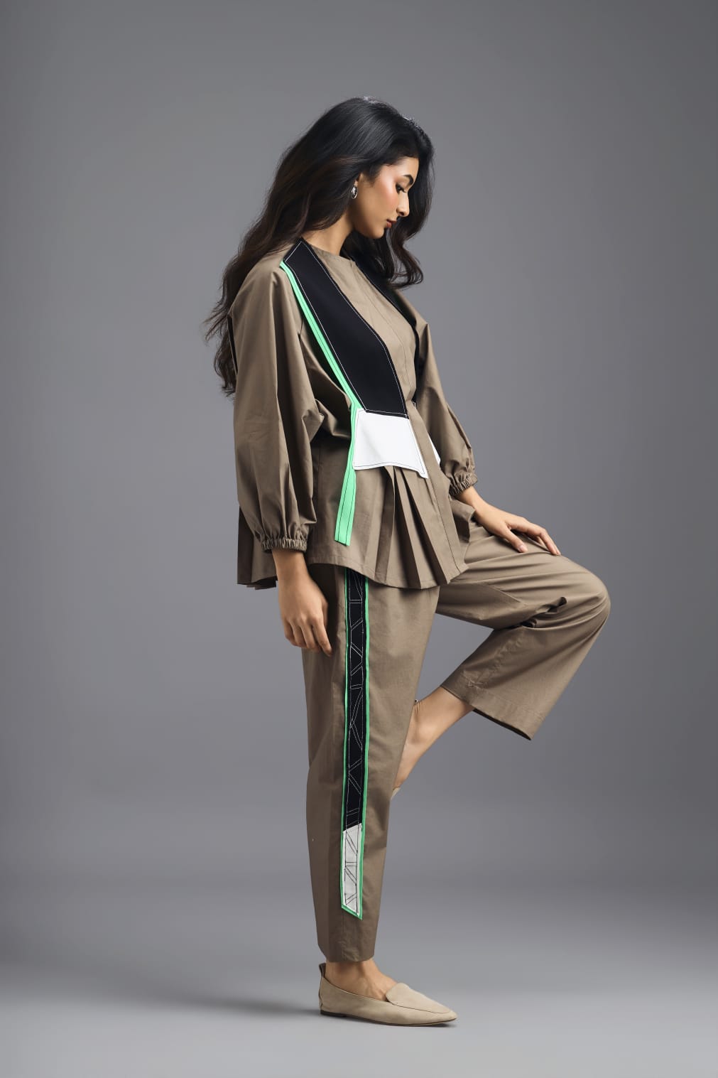 MUD SHIRT AND BRALETTE  WITH NEON GEOMETRIC PANEL DETAIL