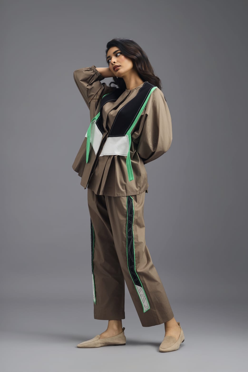 MUD SHIRT AND BRALETTE  WITH NEON GEOMETRIC PANEL DETAIL