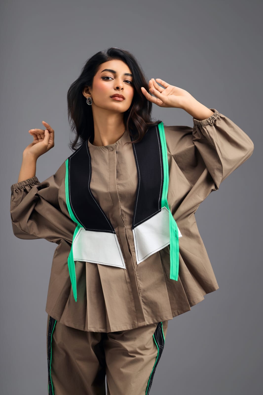 MUD SHIRT AND BRALETTE  WITH NEON GEOMETRIC PANEL DETAIL