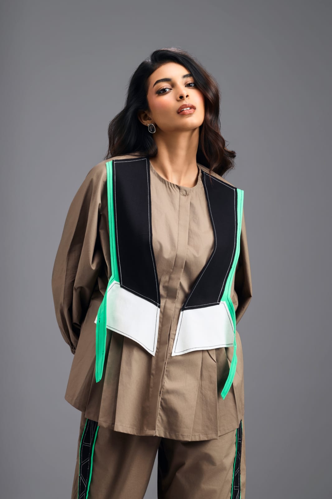 MUD SHIRT AND BRALETTE  WITH NEON GEOMETRIC PANEL DETAIL