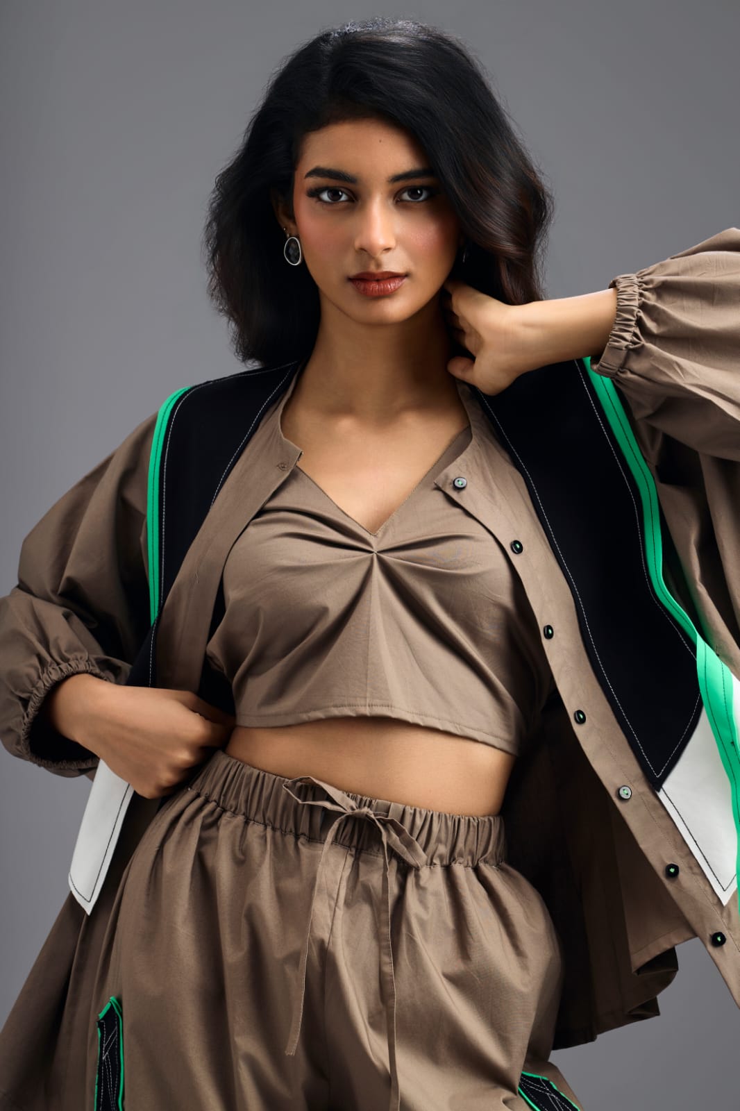 MUD SHIRT AND BRALETTE  WITH NEON GEOMETRIC PANEL DETAIL