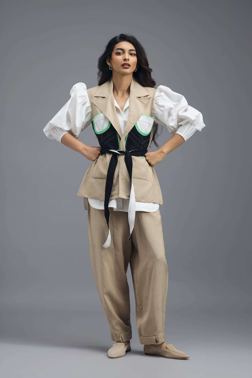 BEIGE CO-ORD SET WITH NEON PANELLED VEST, PUFF-SLEEVE SHIRT AND TROUSERS