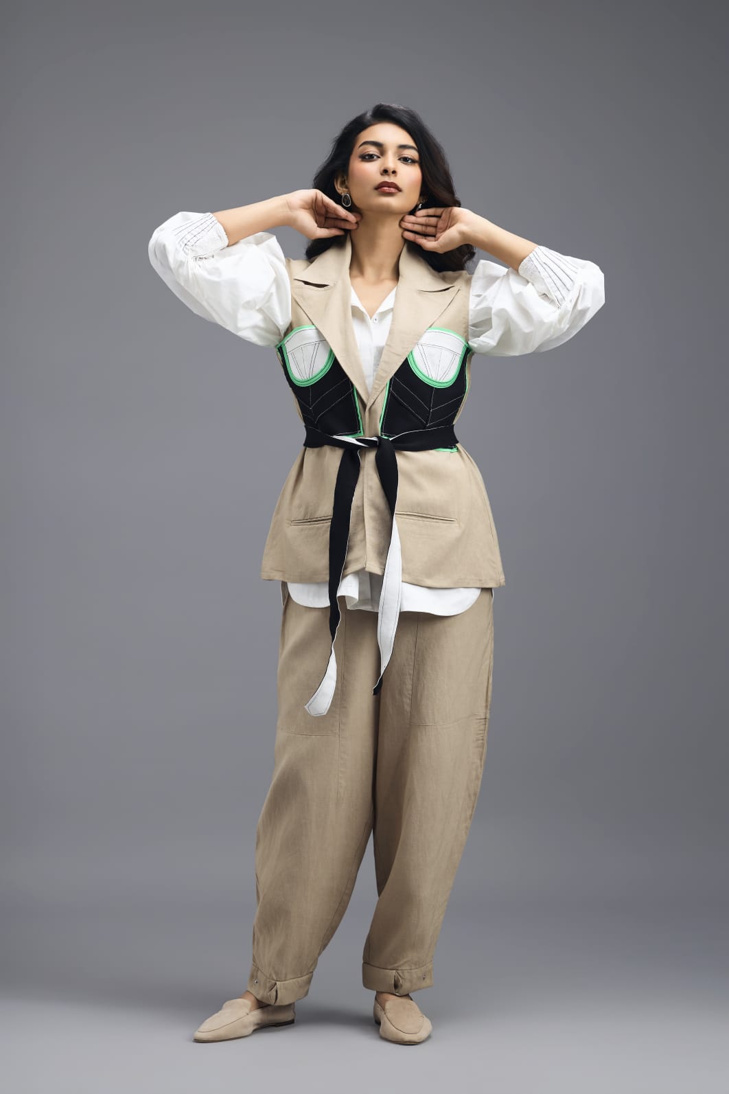 BEIGE CO-ORD SET WITH NEON PANELLED VEST, PUFF-SLEEVE SHIRT AND TROUSERS
