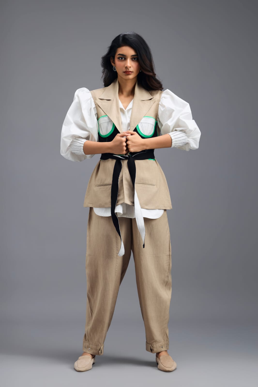 BEIGE CONTRAST PANEL TAILORED VEST TOP WITH NEON GREEN HIGHLIGHTS
