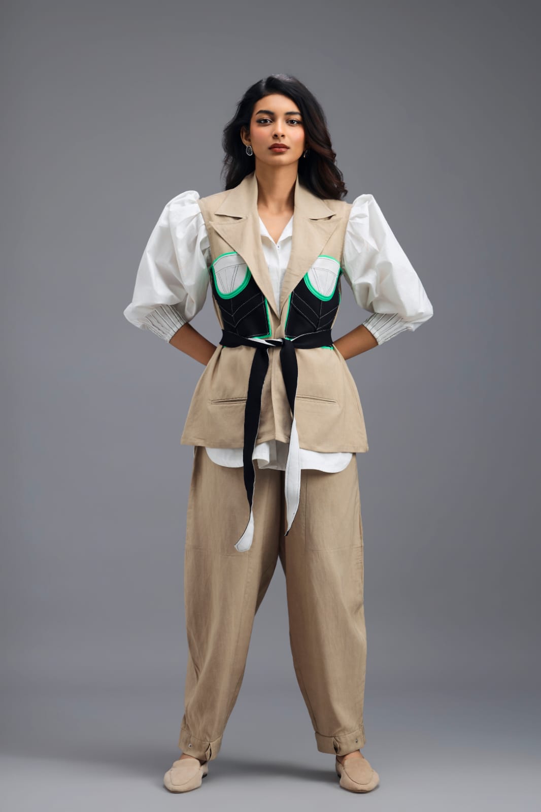 BEIGE CONTRAST PANEL TAILORED VEST TOP WITH NEON GREEN HIGHLIGHTS