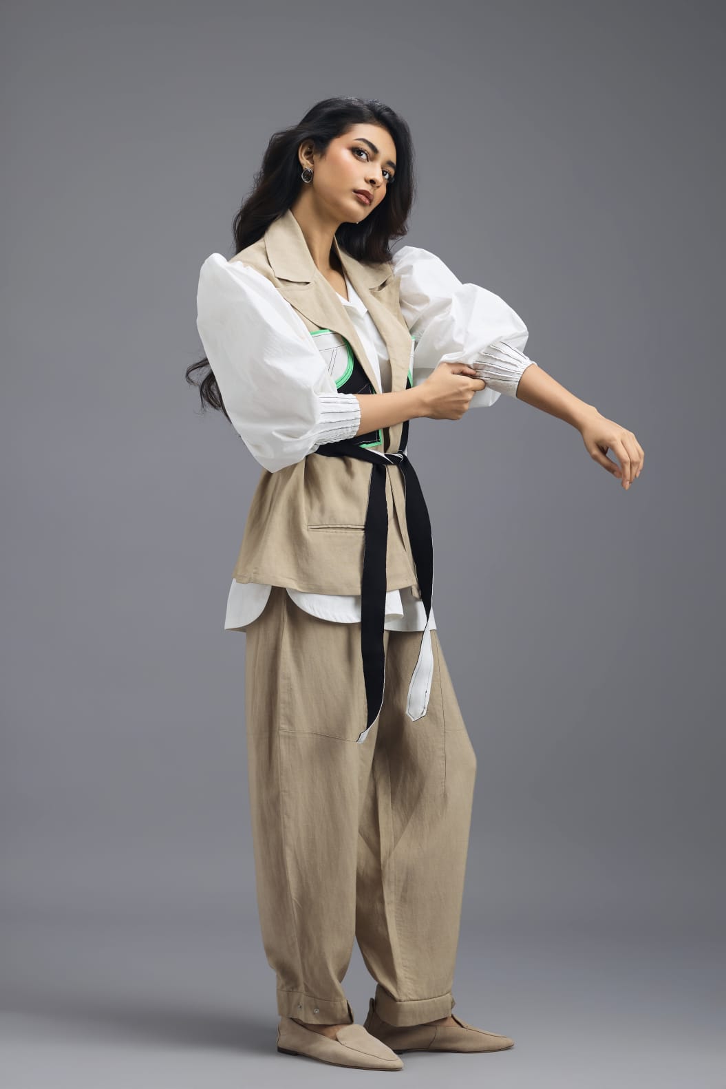 BEIGE CONTRAST PANEL TAILORED VEST TOP WITH NEON GREEN HIGHLIGHTS