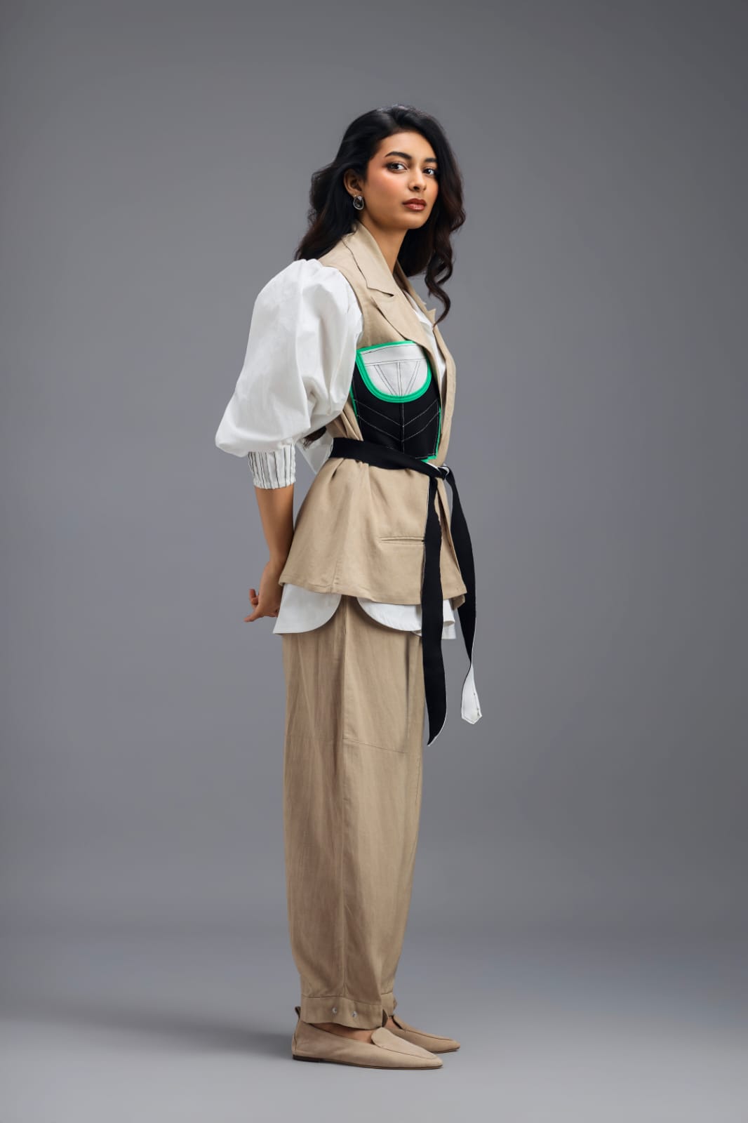 BEIGE CONTRAST PANEL TAILORED VEST TOP WITH NEON GREEN HIGHLIGHTS