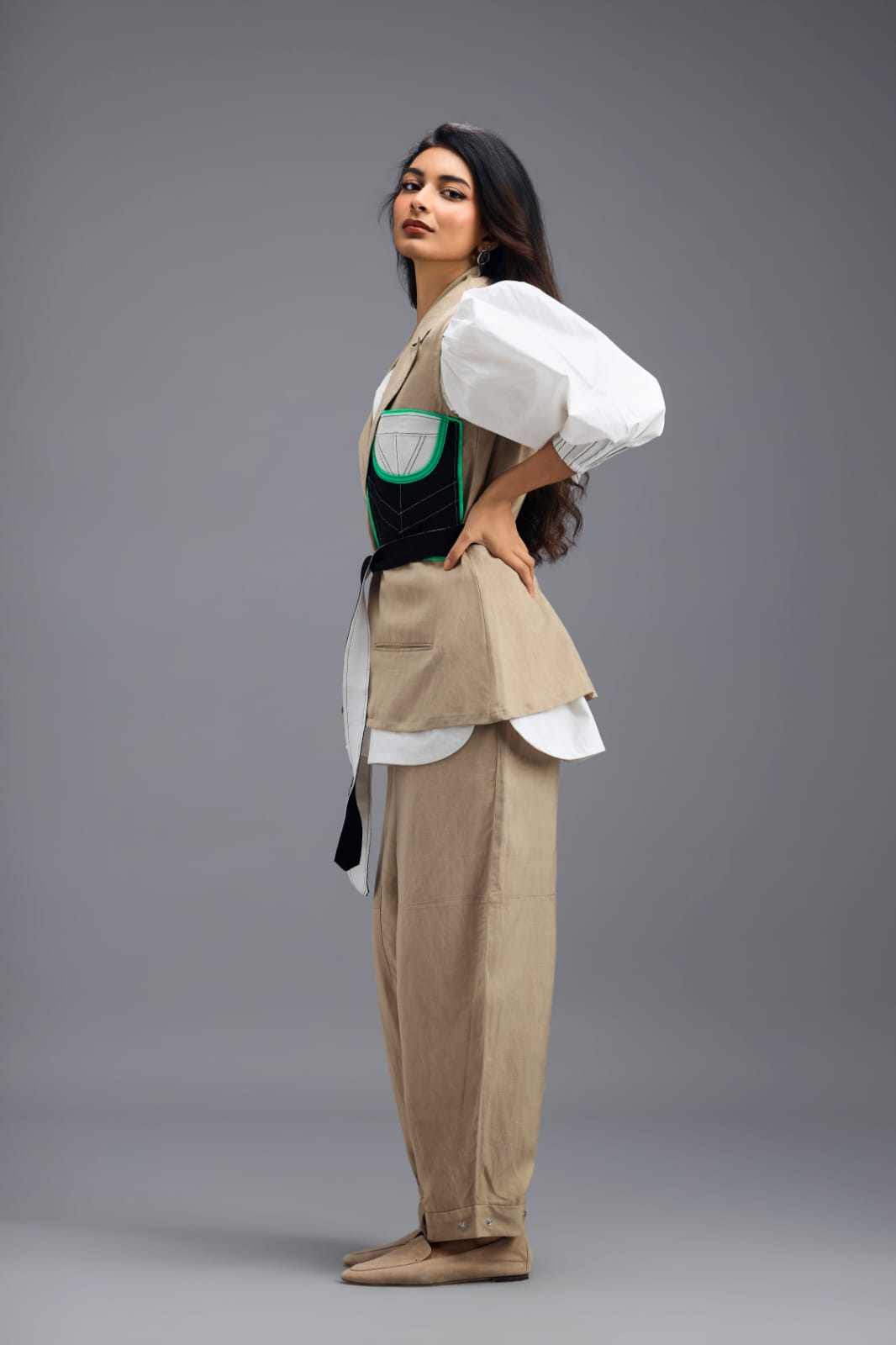 BEIGE CONTRAST PANEL TAILORED VEST TOP WITH NEON GREEN HIGHLIGHTS