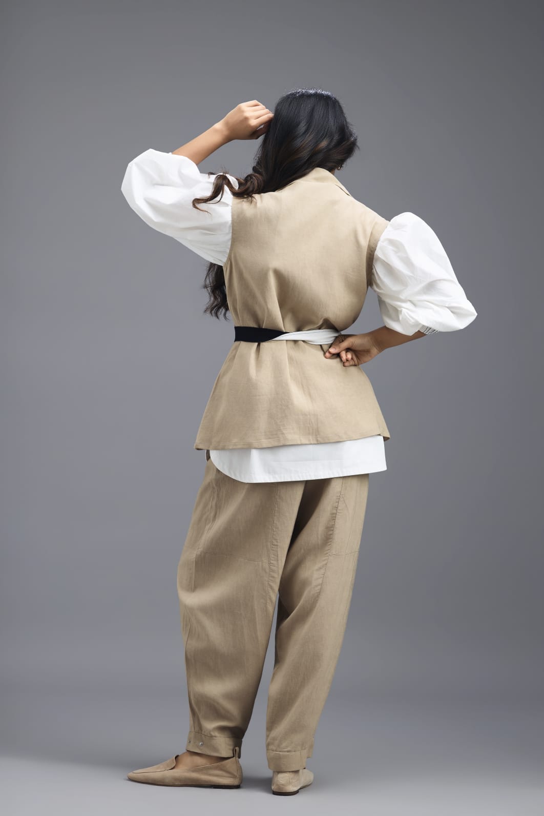 BEIGE CO-ORD SET WITH NEON PANELLED VEST, PUFF-SLEEVE SHIRT AND TROUSERS