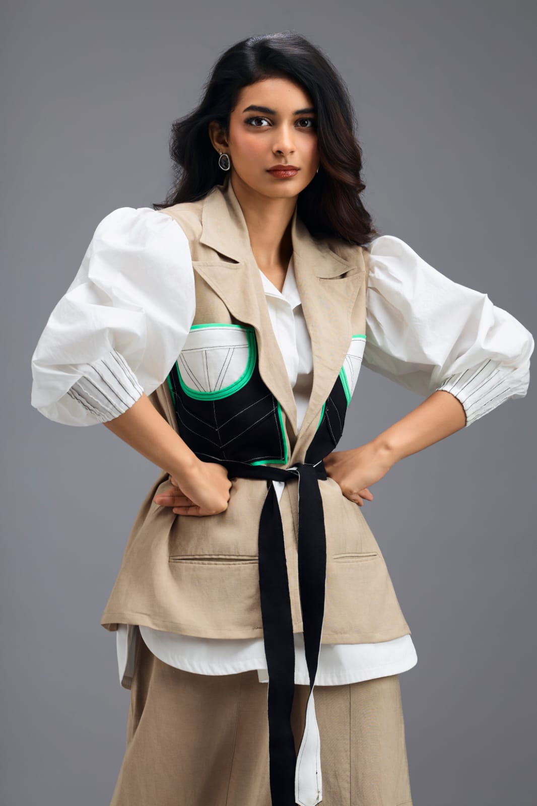 BEIGE CONTRAST PANEL TAILORED VEST TOP WITH NEON GREEN HIGHLIGHTS