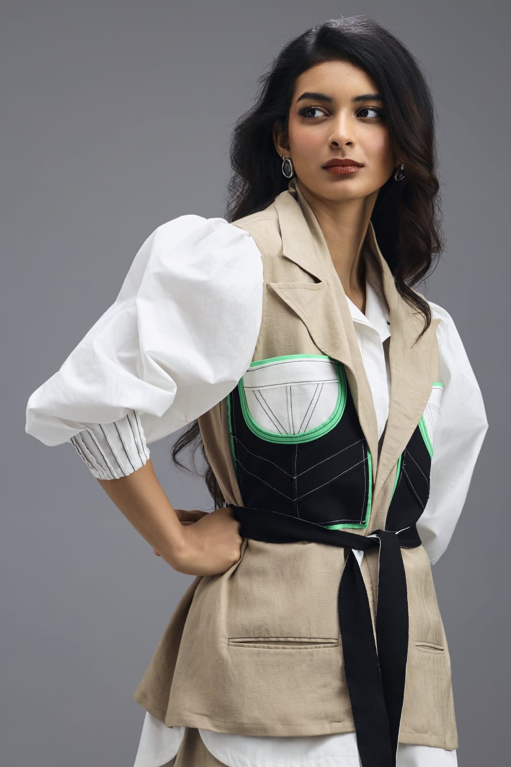 BEIGE CO-ORD SET WITH NEON PANELLED VEST, PUFF-SLEEVE SHIRT AND TROUSERS