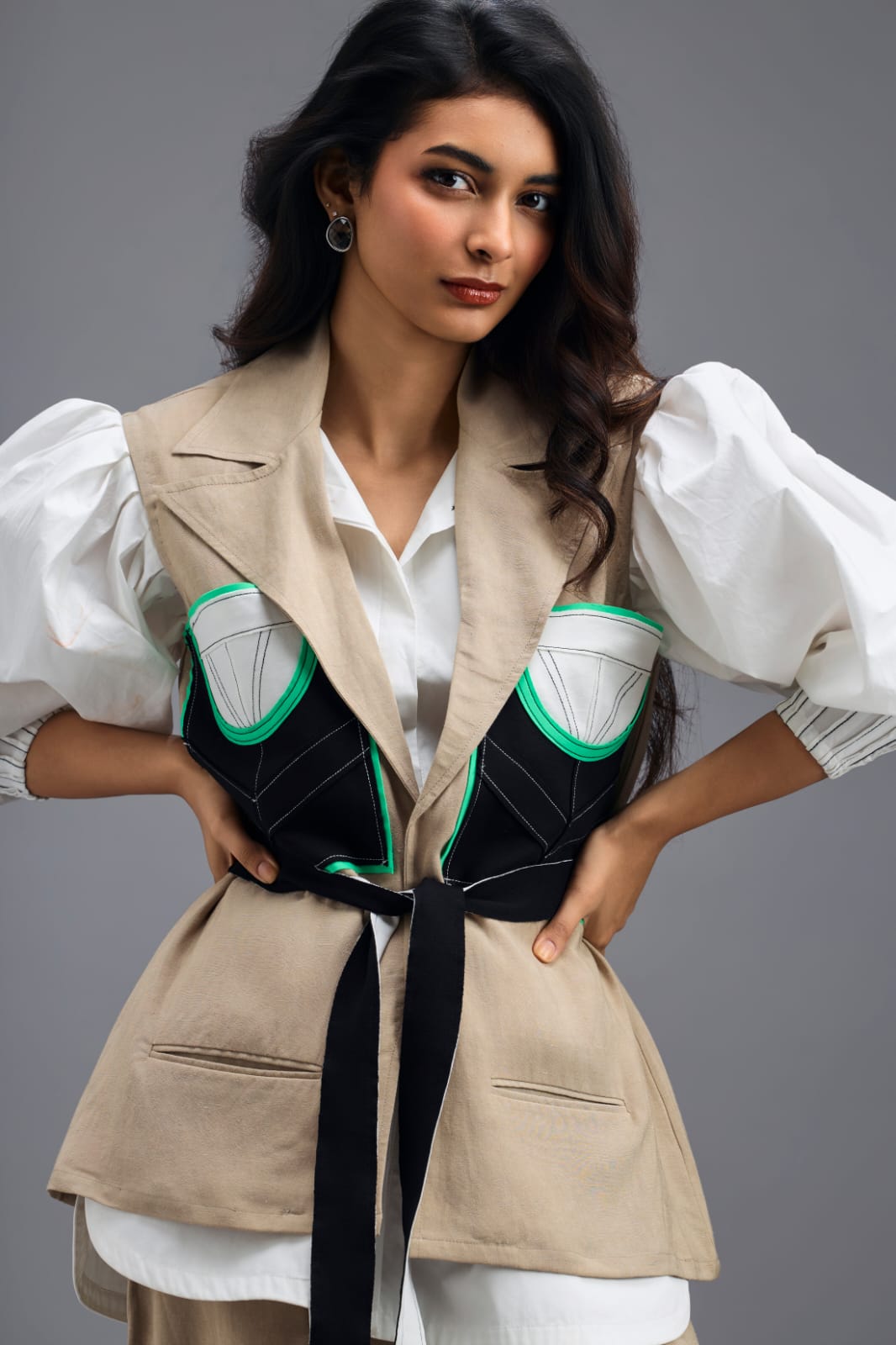 BEIGE CO-ORD SET WITH NEON PANELLED VEST, PUFF-SLEEVE SHIRT AND TROUSERS