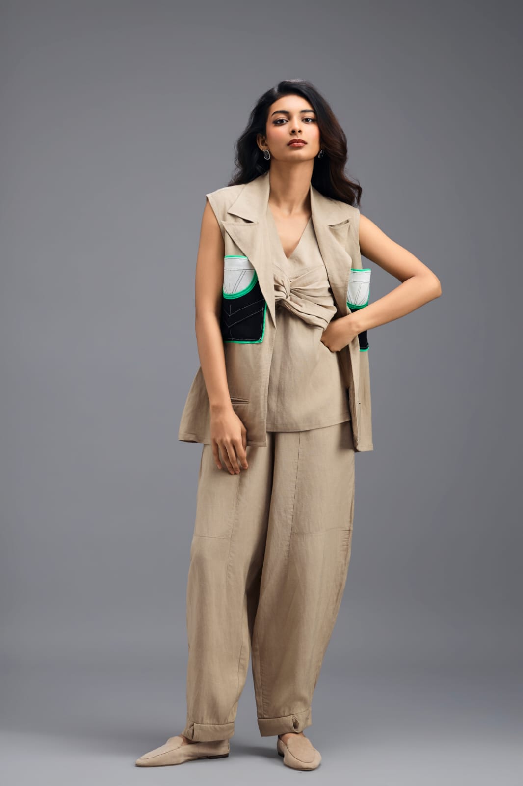 BEIGE CO-ORD SET WITH NEON GEOMETRIC PANELLED BLAZER, TWISTED TOP AND TROUSERS