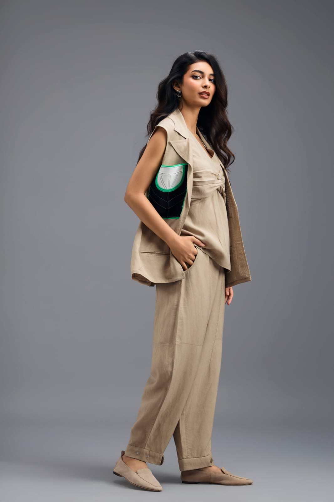 BEIGE CO-ORD SET WITH NEON GEOMETRIC PANELLED BLAZER, TWISTED TOP AND TROUSERS