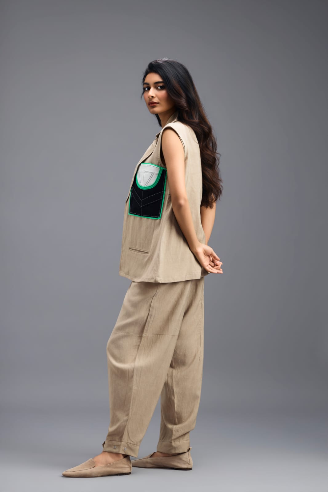 BEIGE CO-ORD SET WITH NEON GEOMETRIC PANELLED BLAZER, TWISTED TOP AND TROUSERS
